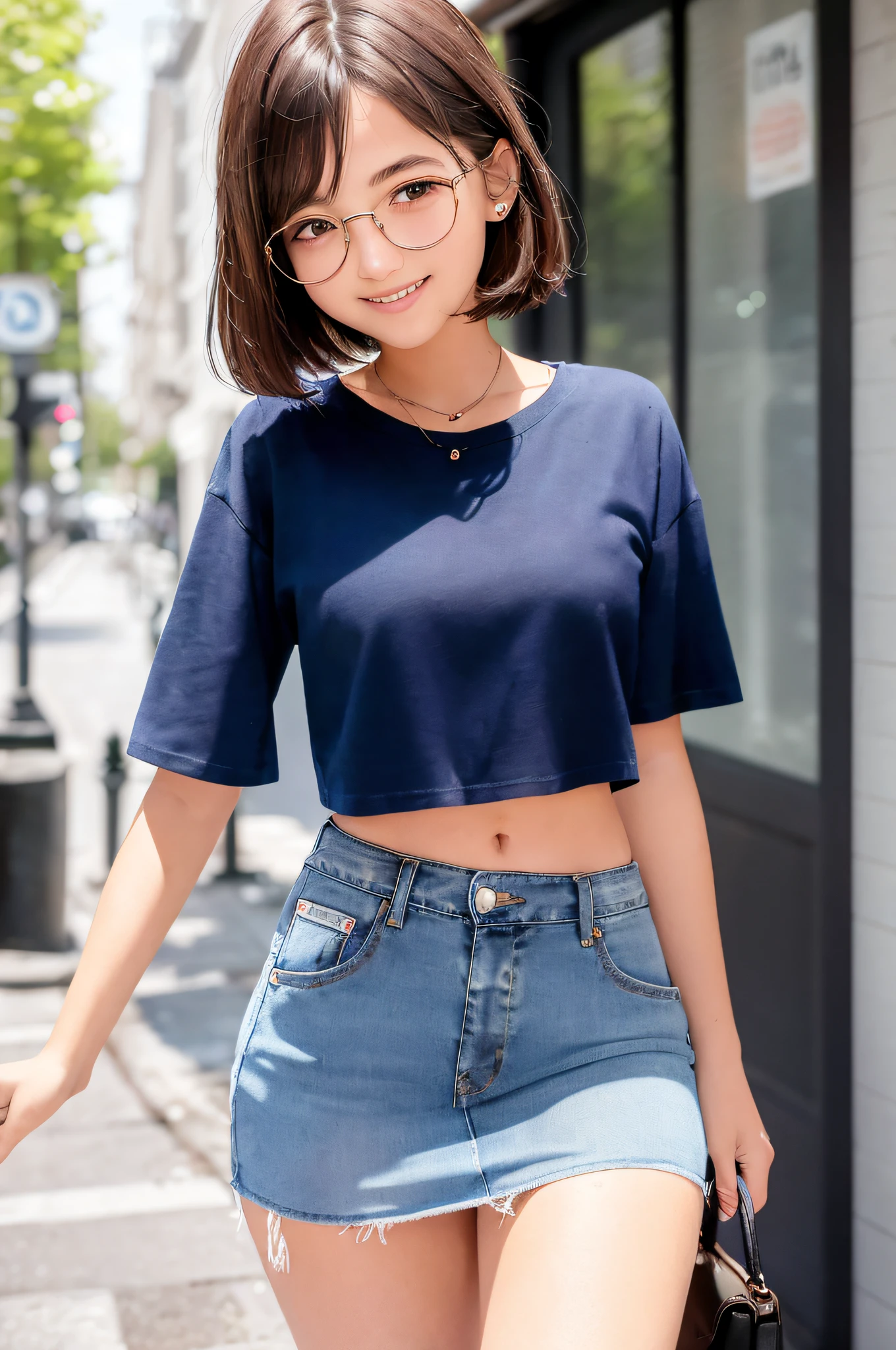 Woman 18 years old, turn away, white and navy blue border t-shirt, braless, jeans mini skirt, breast size is D cup, shore, T-back, brown hair, bob hair, Boston type glasses, smile