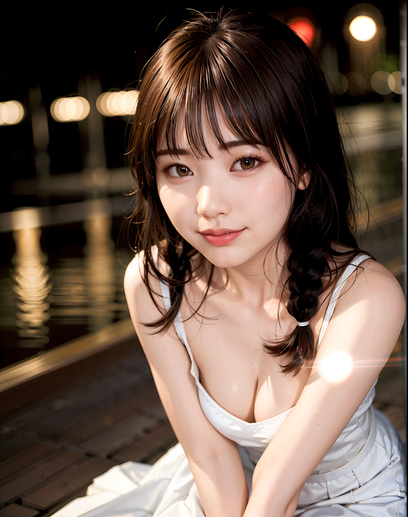 Top Quality, Photorealistic, 8K, High Resolution, Girl, 1 Girl, Women, (Skin Dent), (Big Breasts), (Professional Lighting, Bokeh), (Street), (People, Crowd: 0.6), Market, (Night: 1.2), (Brown), (Blouse: 1.5), (Portrait: 0.6), Gorgeous, Bloom, (Floating Hair), Braided Hair, (Light particles, Lens flare, Lumine particles: 0.6), (Dynamic Pose: 1.2), Soft Lighting, (((vulgarity)), silly,