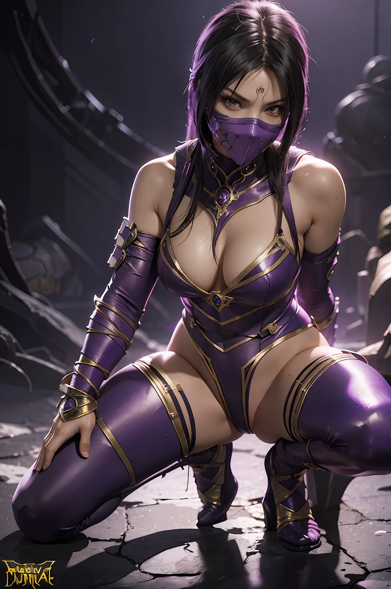 MILEENA, mortal kombat, WOMAN, full body, photography, soft lighting, soft details, trend artstation, ultra high detail, ultra realistic, cinematic, PURPLE NINJA MASK, SWIMSUIT --auto --s2
