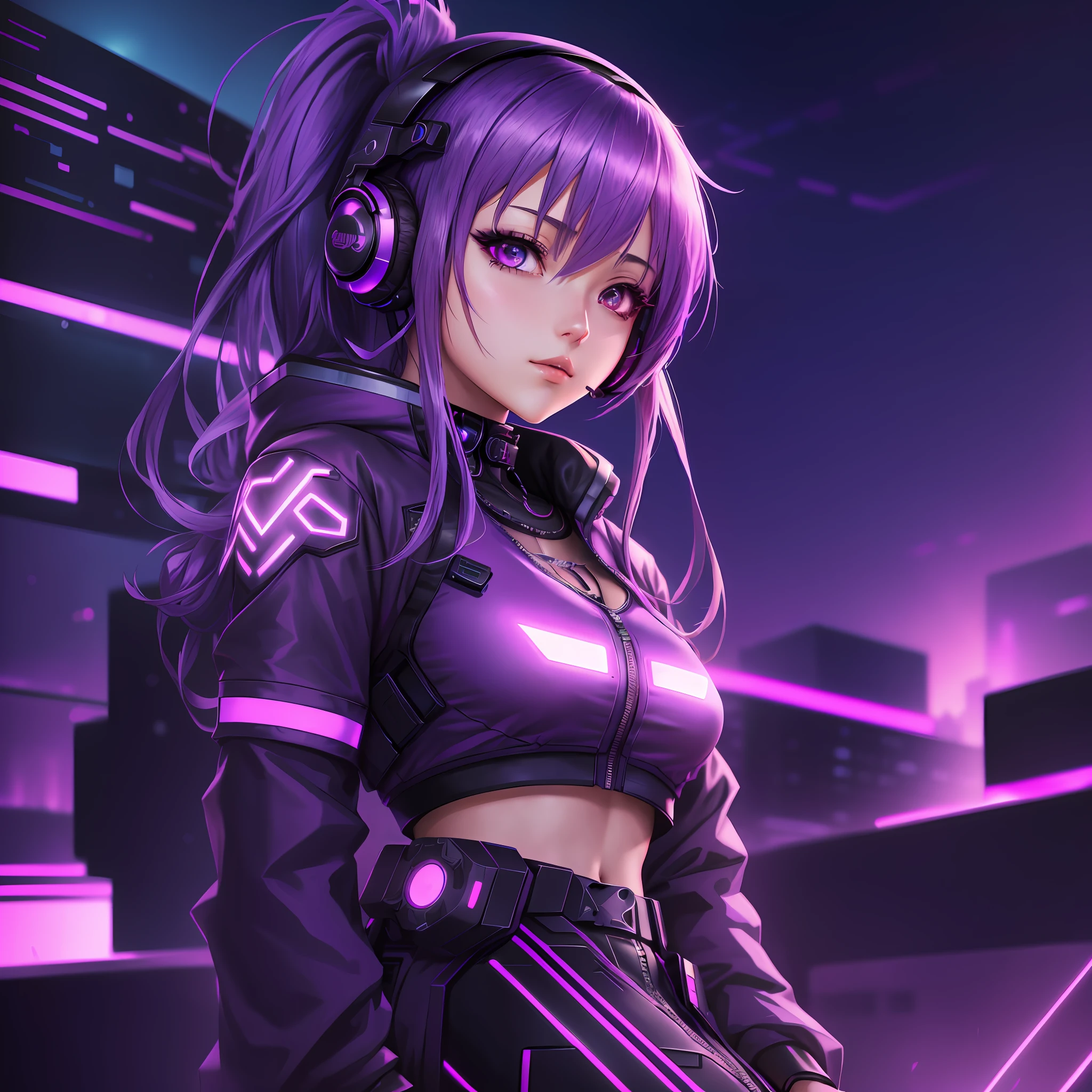 anime girl with headphones, cyberpunk city setting, 4k anime style, digital cyberpunk anime art, cyberpunk anime girl, female cyberpunk anime girl, cyberpunk anime art, cyberpunk hooded anime girl, outfit with Abyss writing on chest