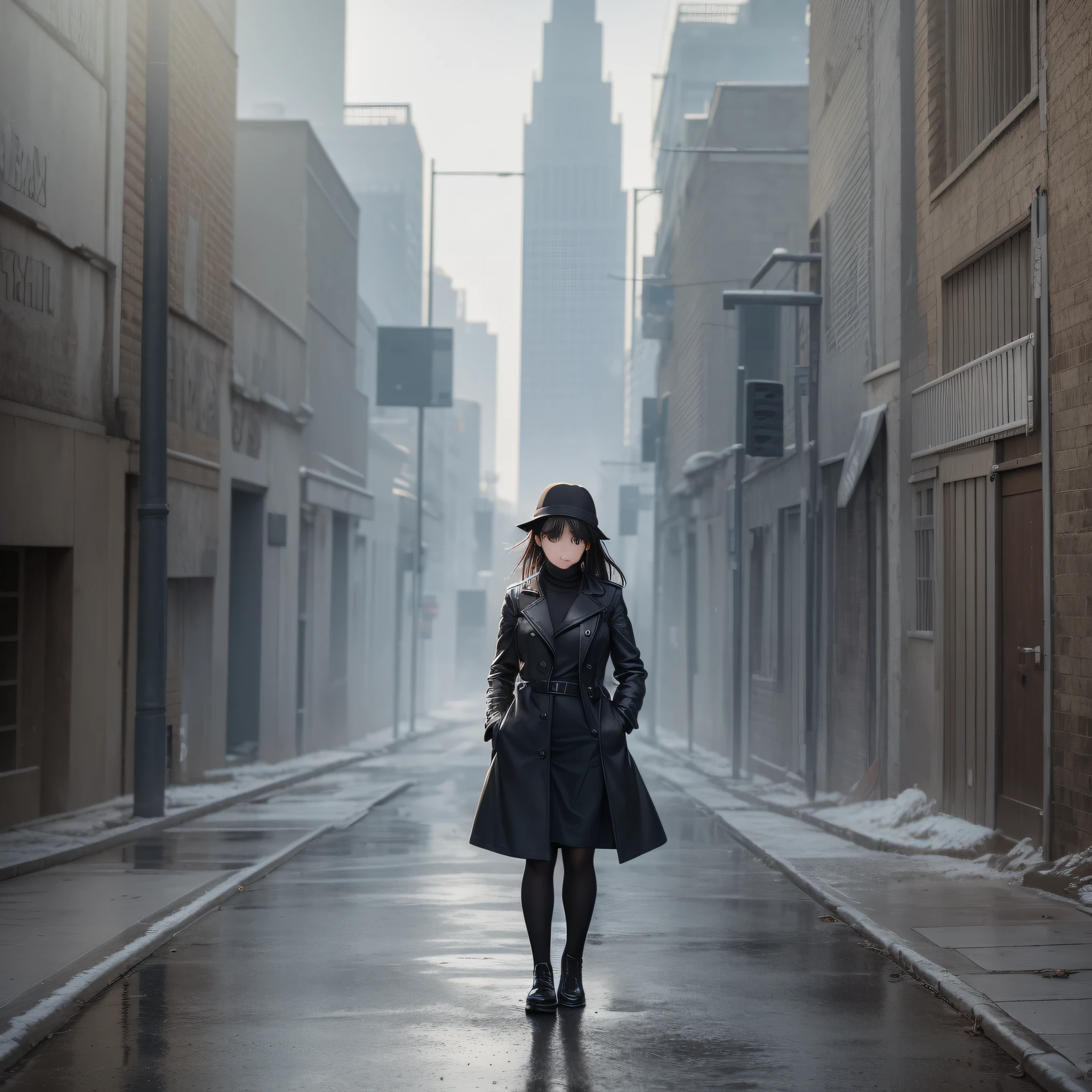 Girl in black overcoat in an abandoned city with photorealistic mist --auto --s2