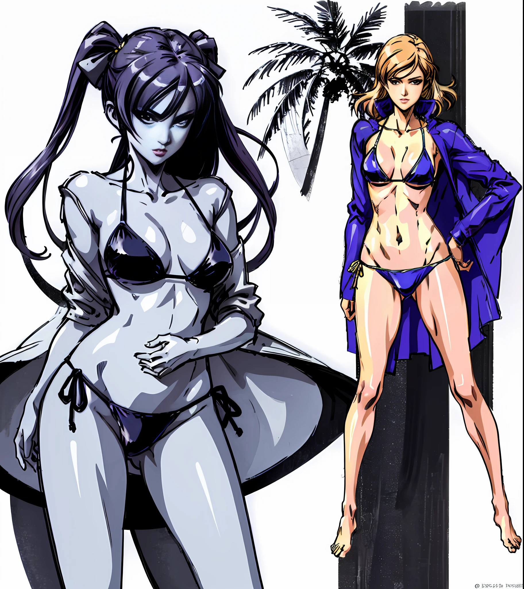 Anime drawing of a woman in bikini and robes, realistic bikini, pose study, full body, dress: bikini, girl image, girl anime style, color sketch, sketch art style, anime art, digital anime, super high resolution, realistic scale SFW, hands on her body pose! , full body pose, gesture drawing, fine sketching, full body portrait, anime painting
