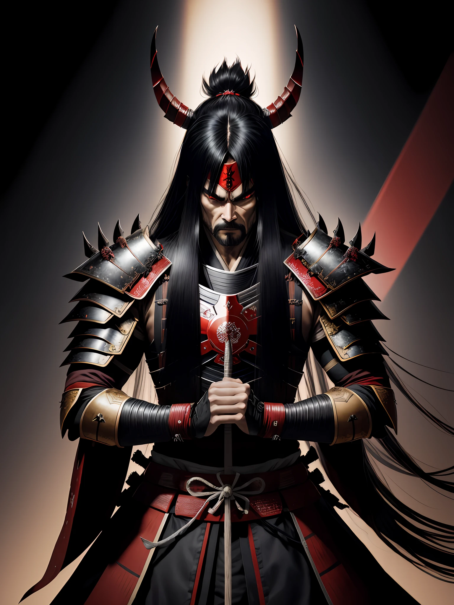 1 Demonic warrior man in Japanese castle, wearing samurai armor, long straight hair, sinister look, drop shadow, halftone, vanishing point, diffraction spikes, f/1.8, Nikon, high detail, UHD, masterpiece, best quality, highres, 16k