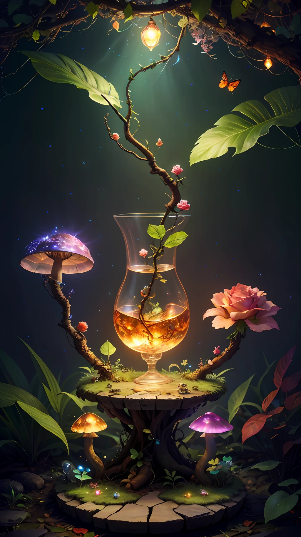 Fantasy in a glass, "ethereal roses, cute animals, glowing little mushrooms surrounded by delicate leaves and branches, and fireflies and glowing particle effects", (natural elements), (jungle theme), (leaves), (branches), (fireflies), butterflies, (delicate leaves), (glow), (particle effects), super realistic, super detailed, dramatic lightning, 4k, masterpiece,