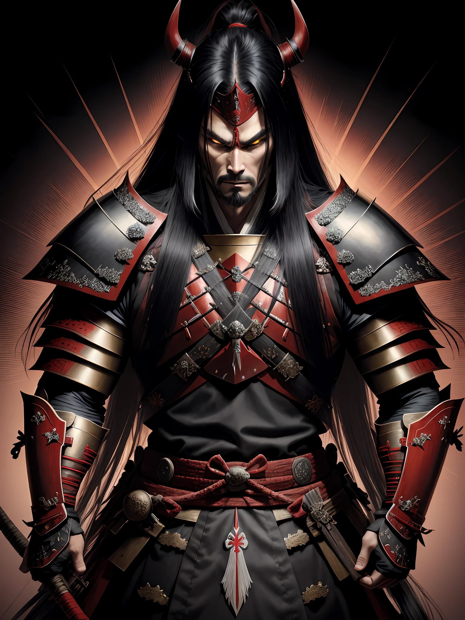 1 Demonic warrior man in Japanese castle, wearing samurai armor, long straight hair, sinister look, drop shadow, halftone, vanishing point, diffraction spikes, f/1.8, Nikon, high detail, UHD, masterpiece, best quality, highres, 16k
