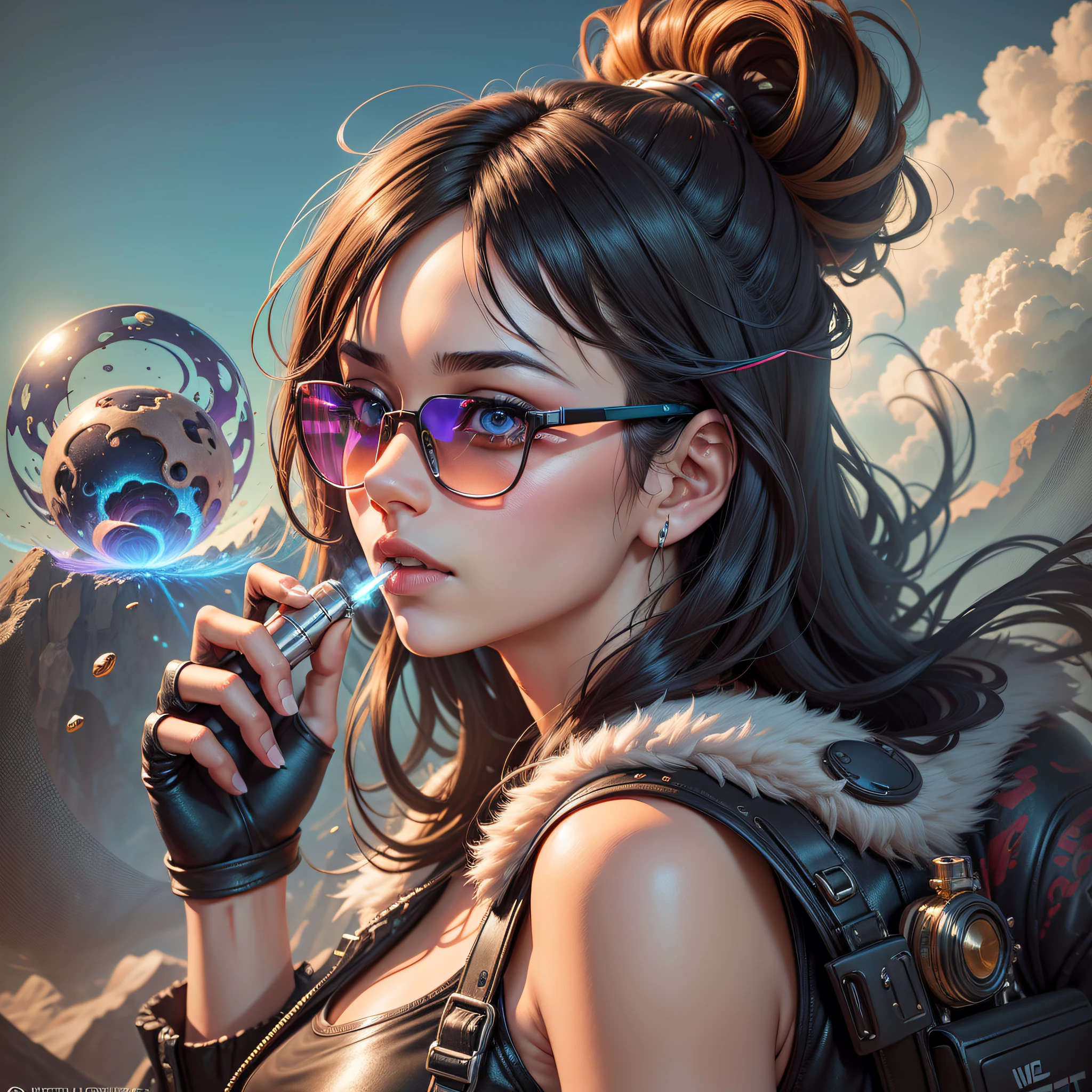 Step into the captivating world of vaping with this stunning digital illustration. The artwork features a young vaper woman, donning cool sunglasses, engaging in the act of vaping with a disposable vaporizer. Rendered in mesmerizing 8K resolution, the hyper - realistic details bring the scene to life, creating an immersive experience for the viewer. Created in the style of Octane Render, the artwork showcases hyper - detailed and oil - like textures, adding depth and richness to the overall composition. The vibrant colors and animated gifs evoke an anime aesthetic, reminiscent of the captivating animations seen in Dreamworks Animation. With the power of an Intel Core processor, this artwork is flawlessly rendered in high definition, capturing every intricate detail. The incorporation of Claymation art adds a unique and artistic touch to the overall composition