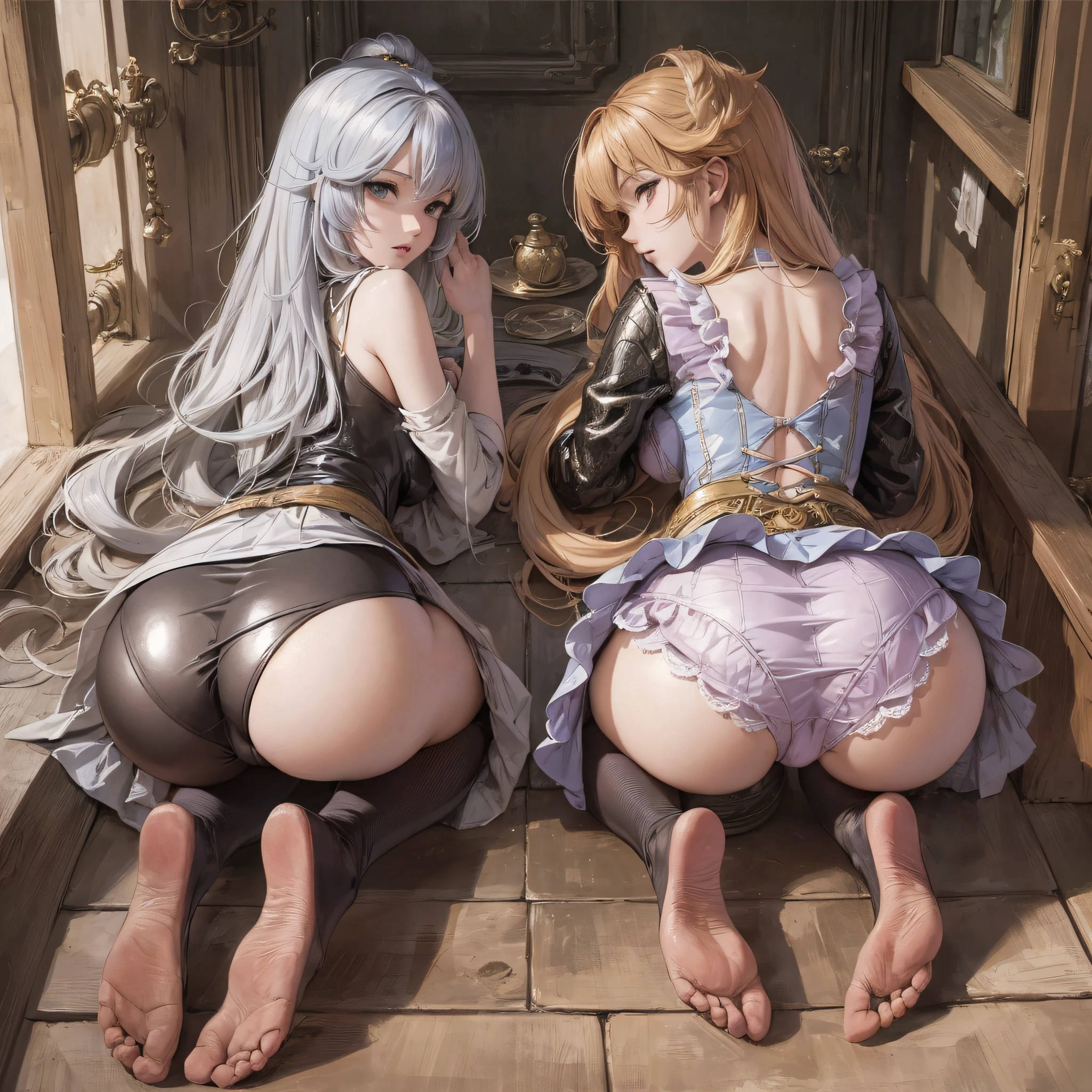 ((Anime style)) Girls. A world of swords and sorcery. Feathered. Underwear. All fours. sticking out the buttocks --auto --s2