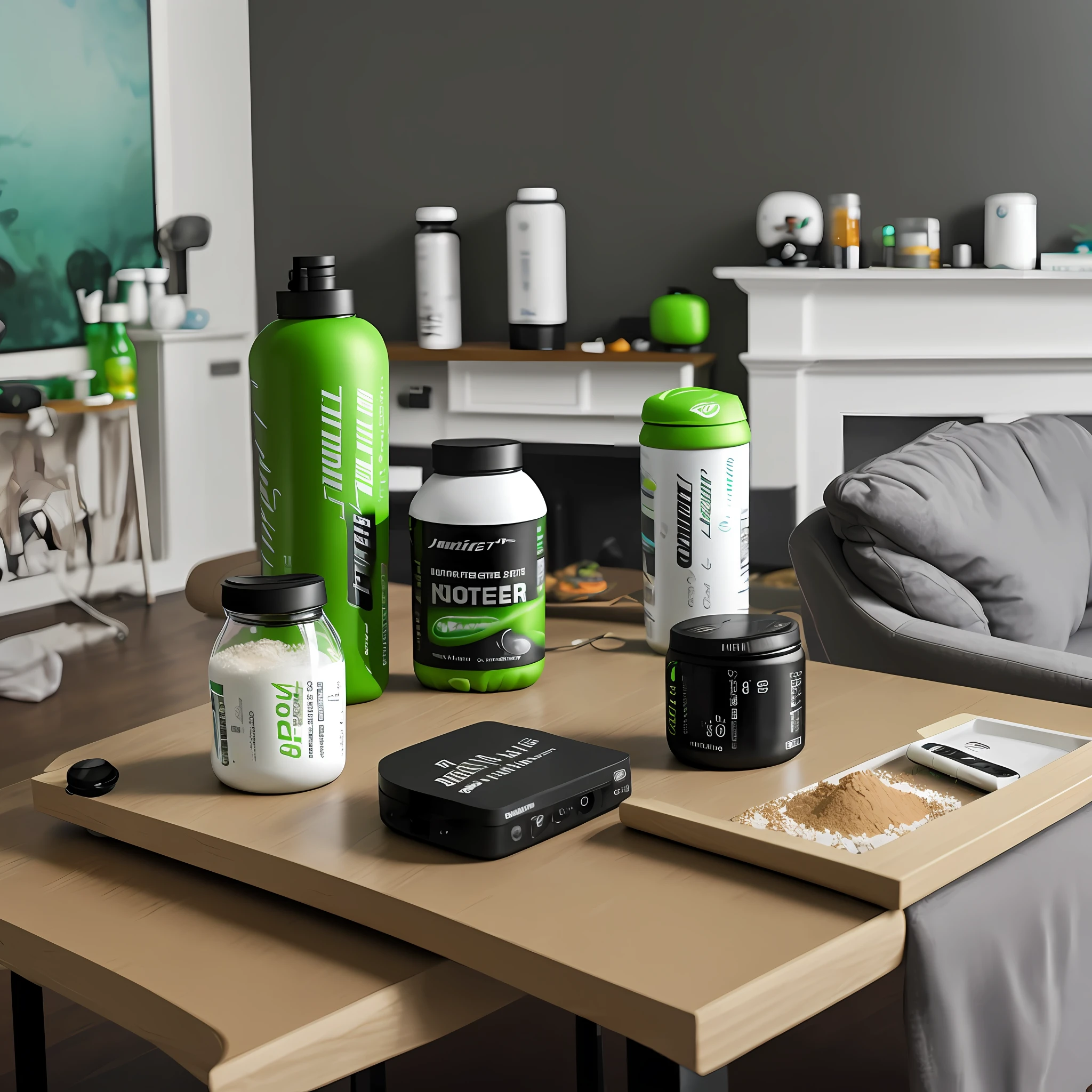 A bottle of NUTRILITE protein powder, on the Bose table, the background is also very high-grade, 8K,