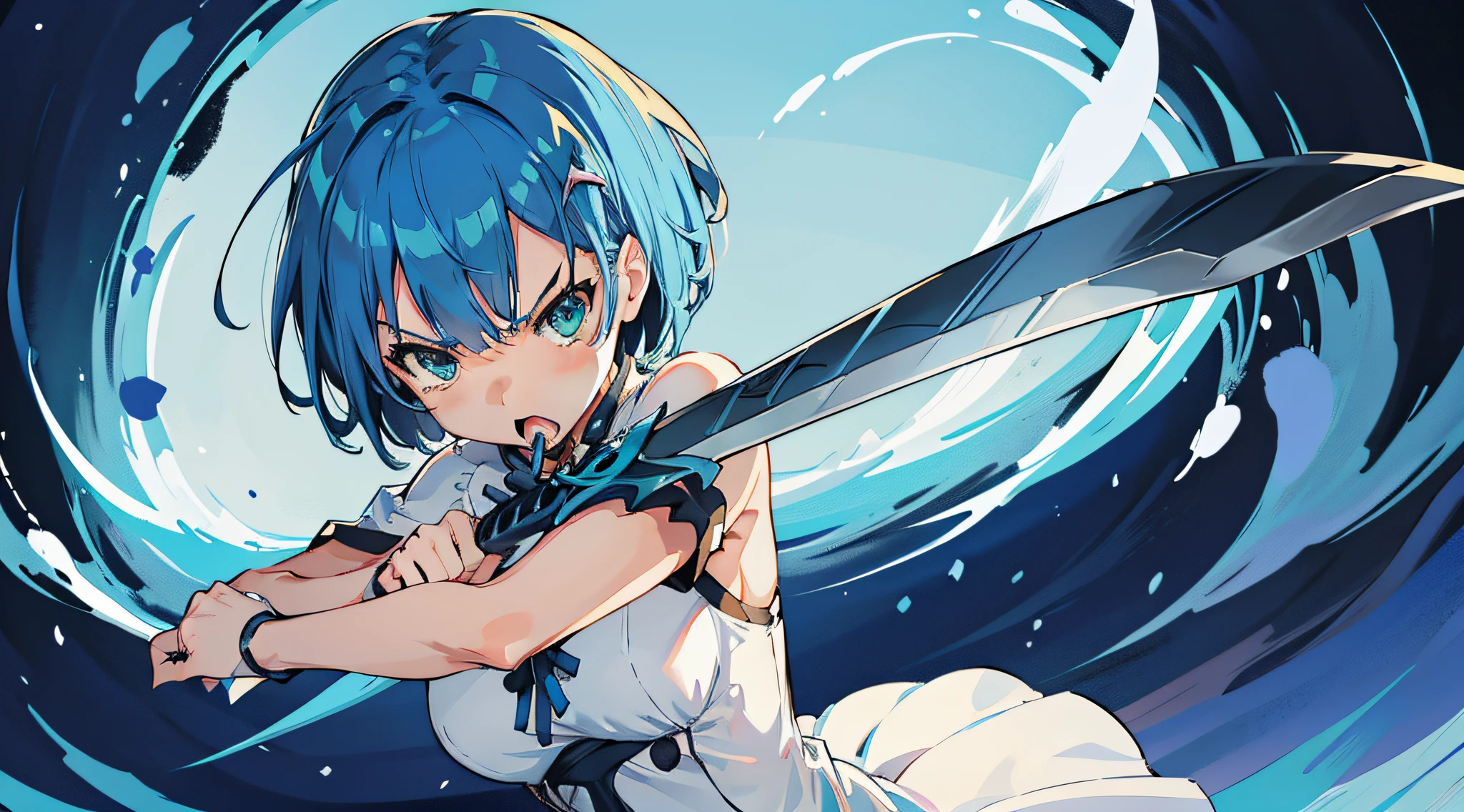 1girl, rem rezero, short hair, blue hair, blue eyes, medium breasts, furious, angry, screaming, white dress, action pose, holding a sword,