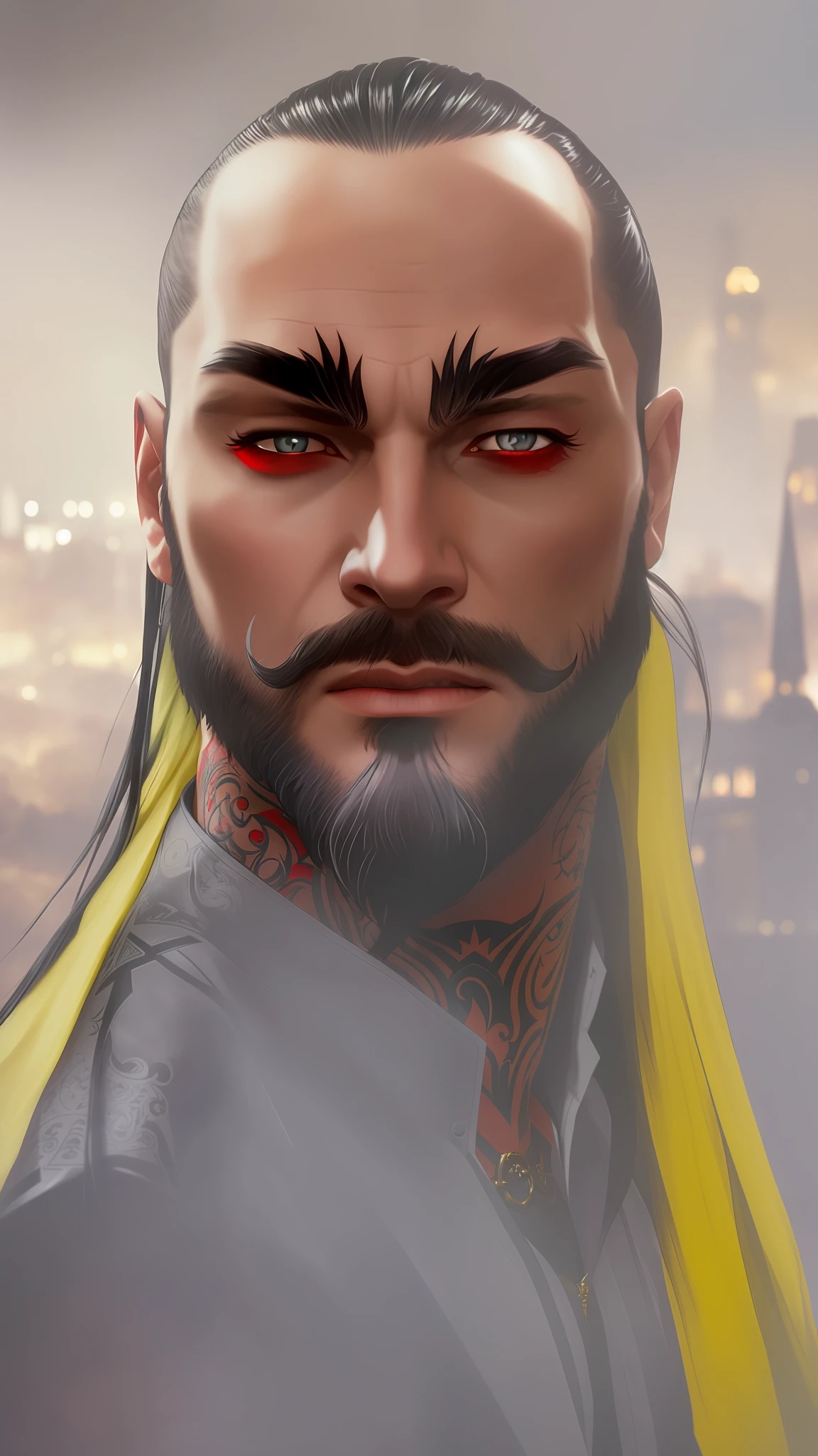 male, vampire, black long hair, red eyes, beard, tattoos, muscular, rococo, trending on artstation, sharp focus, studio photo, intricate details, highly detailed, by greg rutkowski