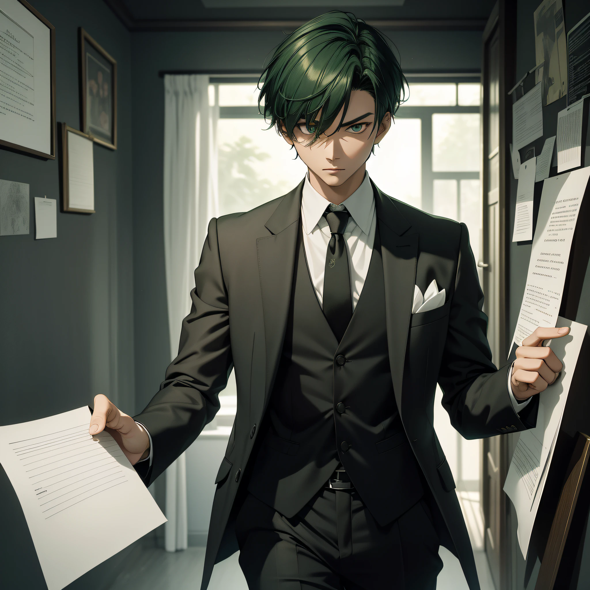 Absurd resolution, high resolution, (masterpiece: 1.4), hyperdetail, Asian, young man with short green hair, black suit, eerie room, looking at the note, serious scared expression