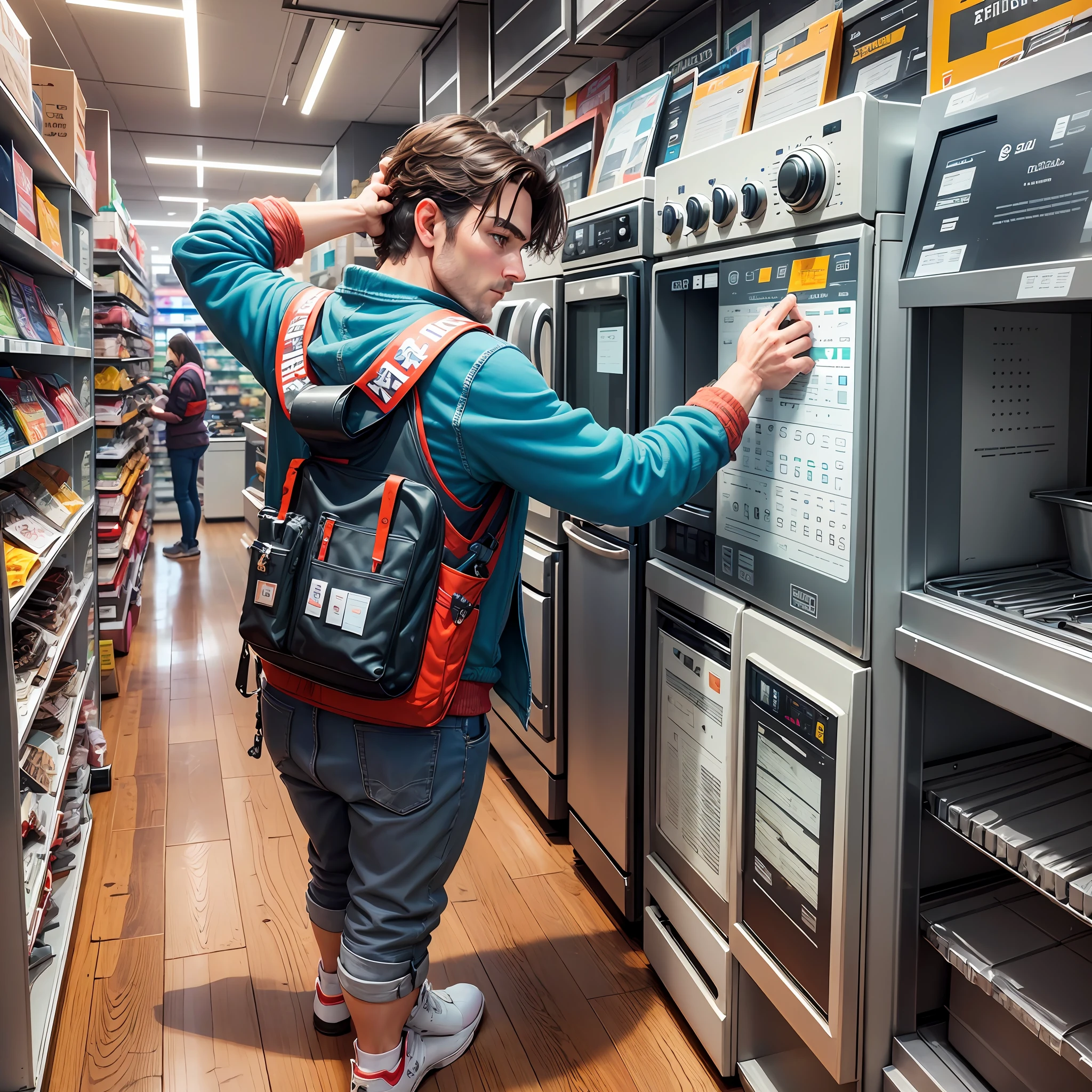 You're a digital influencer. Act like you're in an appliance store advertising by holding an iron. --auto --s2