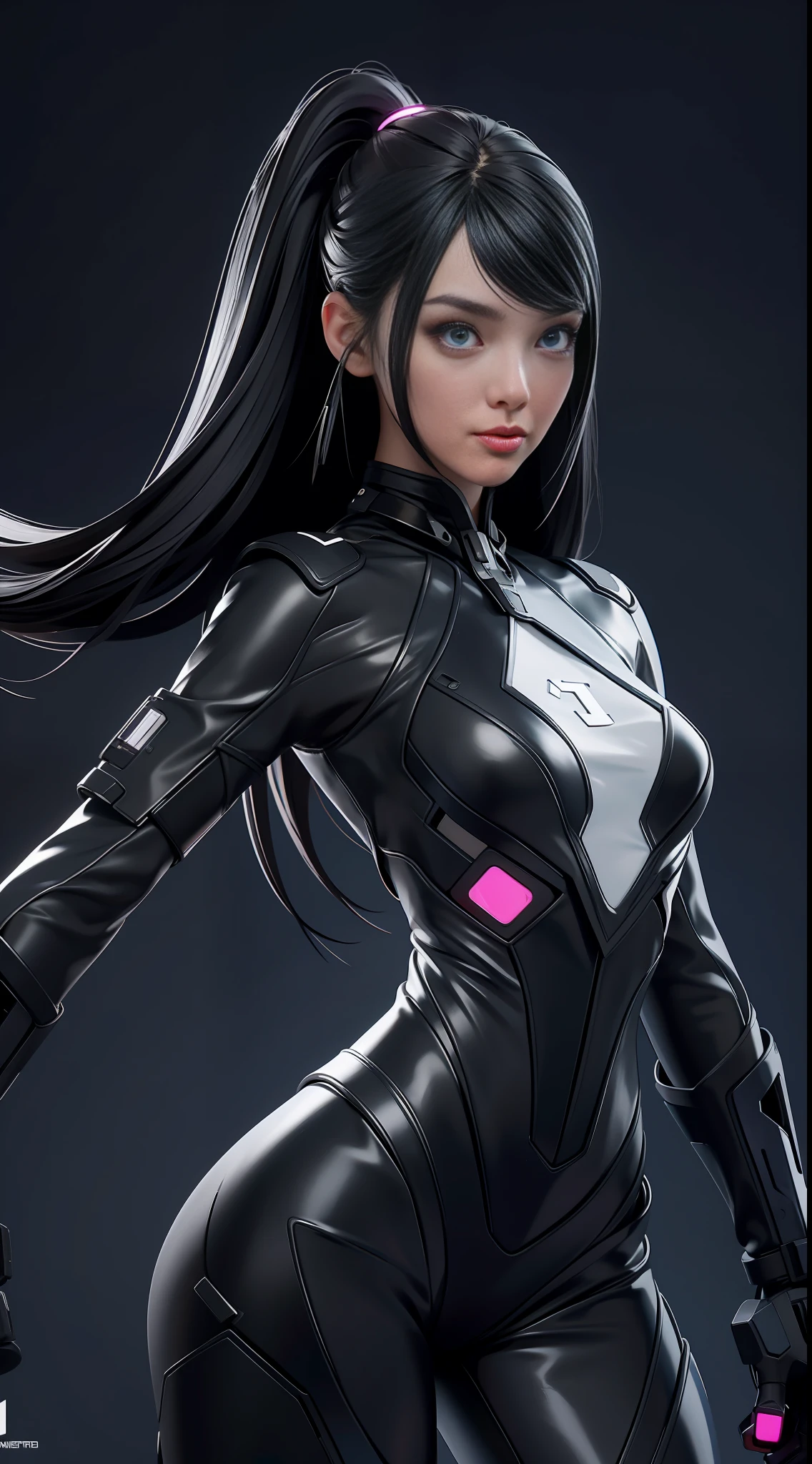 solo, super fine photo, portrait Unreal Engine 5 8K UHD of beautiful and cute girl, silver and black color scheme tight cybernetic latex catsuit, cyberpunk face mask, cybernetic glove, futuristic design, dark grey neon lights details, beautiful make up, luxurious, best quality, masterpiece, official art, unified 8k wallpaper, super detailed, sharp focus, dynamic pose, body parts