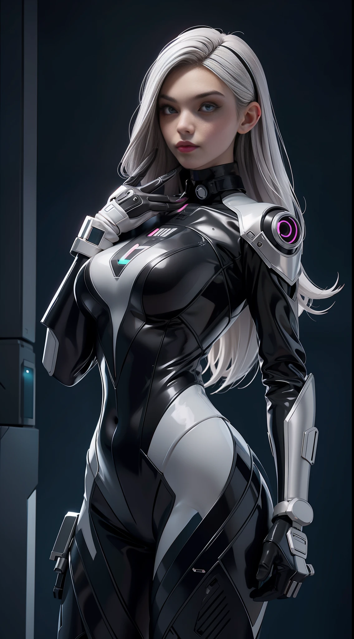 solo, super fine photo, portrait Unreal Engine 5 8K UHD of beautiful and cute girl, silver and black color scheme tight cybernetic latex catsuit, cyberpunk face mask, cybernetic glove, futuristic design, dark grey neon lights details, beautiful make up, luxurious, best quality, masterpiece, official art, unified 8k wallpaper, super detailed, sharp focus, dynamic pose, body parts