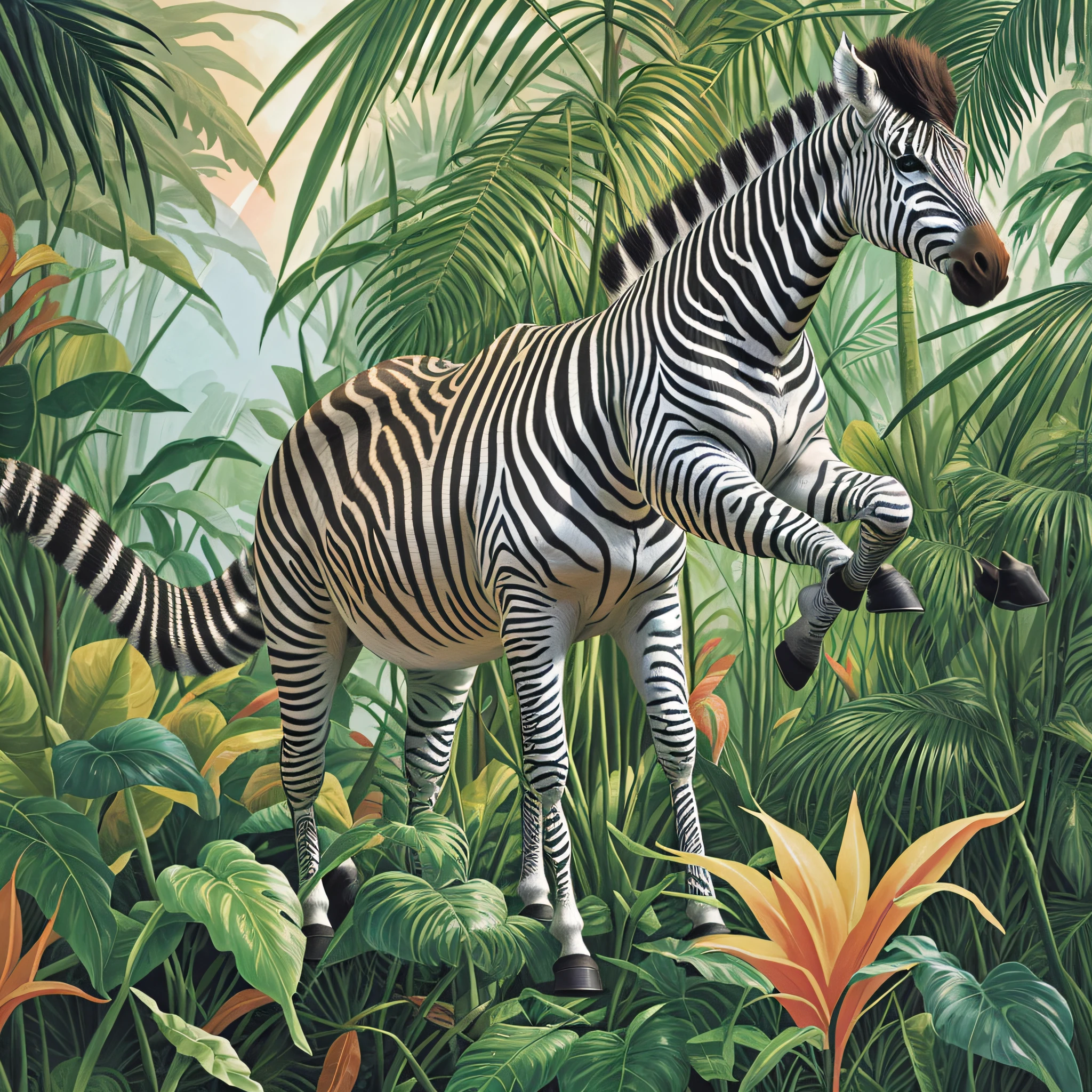 zebras and flamingos in a tropical jungle with palm trees, wet forest, amazing sunset, beautiful detailed animals, wildlife illustration, beautiful detailed illustration, in a rainforest, zebra, by Susan Heidi, in a highly detailed jungle, amazing background, hd illustration, photorealistic exotic printing, by Lisa Milroy, zebra op art, high quality illustration, wild animals, highly detailed illustration.", kiss