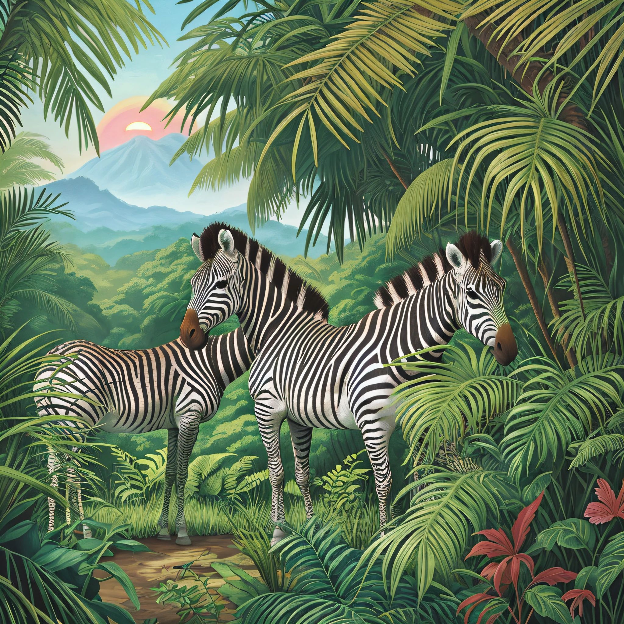 zebras and flamingos in a tropical jungle with palm trees, wet forest, amazing sunset, beautiful detailed animals, wildlife illustration, beautiful detailed illustration, in a rainforest, zebra, by Susan Heidi, in a highly detailed jungle, amazing background, hd illustration, photorealistic exotic printing, by Lisa Milroy, zebra op art, high quality illustration,  wild animals, highly detailed illustration.", kiss