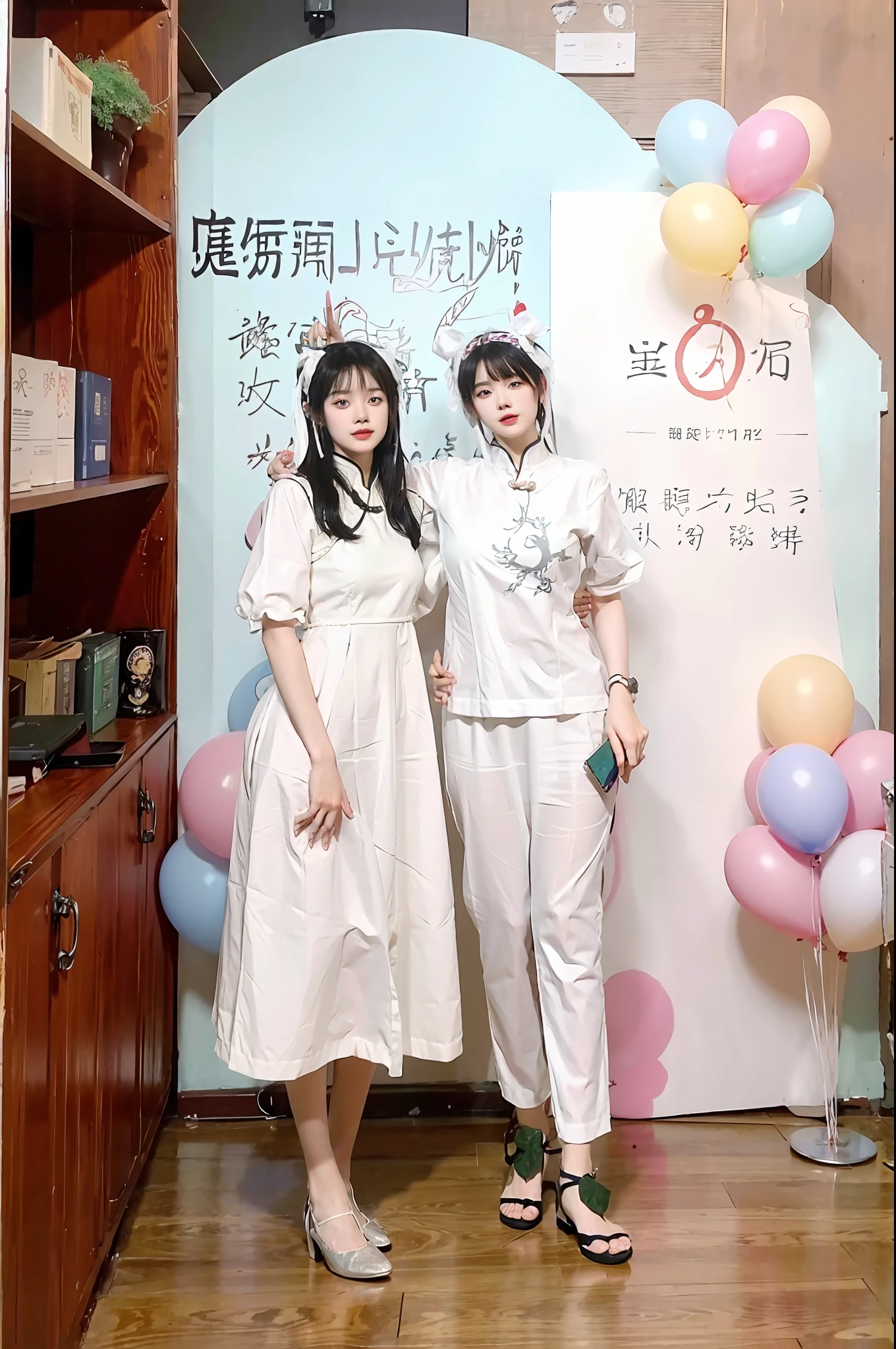 Two pretty girls, (real, high resolution: 1.4), girls, (natural light), (more face, more hair, more clothing), (medium breasts), (mouth open: 1.1), big eyes, slim, legs, medium hips, full body shot, one in black pencil skirt, one in white dress with stockings, standing, hair in waves, (Point: 1.3), there are two people standing in front of a sign with balloons, two people standing in front of a brand with balloons, Ruan Jia and Zhong Fenghua, Gu Jian, with Godley, Exclusive, Gong Bi, Gemma Chen, Qiang Shu, Li Zixin, inspired by Ding Guanpeng, Jia, Getty Images, Zmonzheng, from left, Gailan!