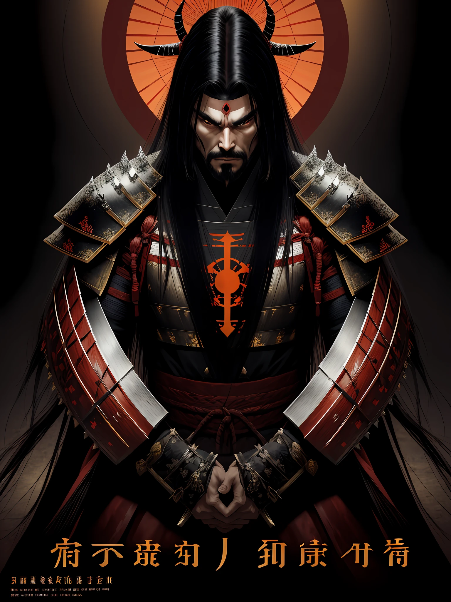 1 Evil warrior man in Japanese castle, wearing samurai armor, long straight hair, sinister look, drop shadow, halftone, vanishing point, diffraction spikes, f/1.8, Nikon, high detail, UHD, masterpiece, best quality, highres, 16k