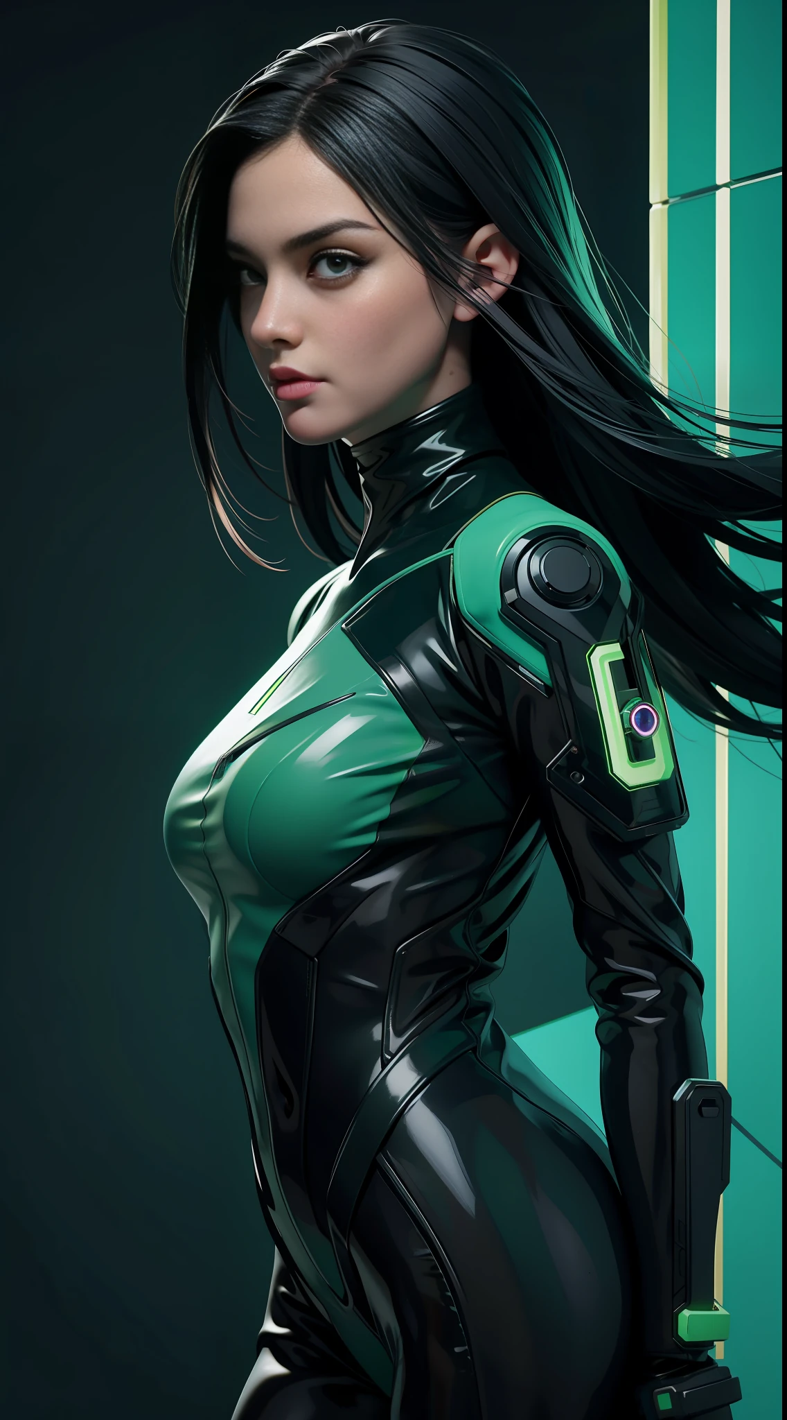 solo, super fine photo, portrait Unreal Engine 5 8K UHD of beautiful and cute girl, green and black color scheme tight cybernetic latex catsuit, cyberpunk face mask, cybernetic glove, futuristic design, dark green neon lights details, beautiful make up, luxurious, best quality, masterpiece, official art, unified 8k wallpaper, super detailed, sharp focus, dynamic pose, body parts