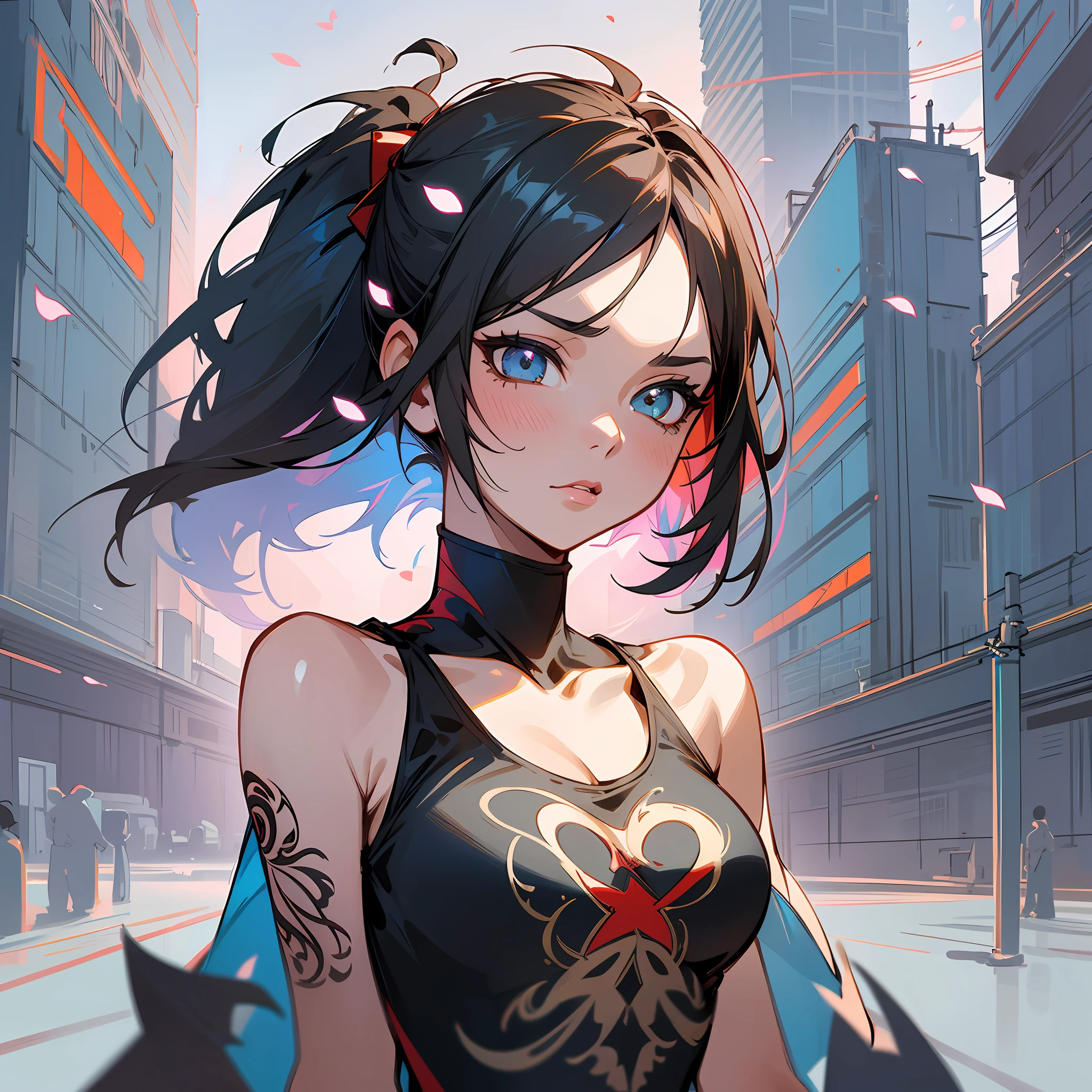 (8k), (best quality), (masterpiece: 1.2), (realistic), (photorealistic: 1.37), ultra detailed, one girl, viewer is watching, upper body, ::  comix style ryuko hikari ::2.9   style ::2.0 comix illustration style ,digital illustration of beautiful female character in toh-yasu drawing style illustrator, anime style, body with futuristic tribal tattoo style designs in dragon shape, serious face and ultra detailed artwork, graffiti style destroyed city scenery with camera focus, (beautiful and clear background:1.2),,((sofía vergara  beautiful woman )), ( detailed eyes and detailed face:1.3), (t-shirt or dress:1.3), (beautiful and clear background:1.2), (extremely detailed, ultra-detailed, best shadow:1.1),bare shoulders, flowers and petals,  , (white background:0.5), (illustration :1.1), (extremely fine and beautiful girl:1.1), (perfect details:1.1)