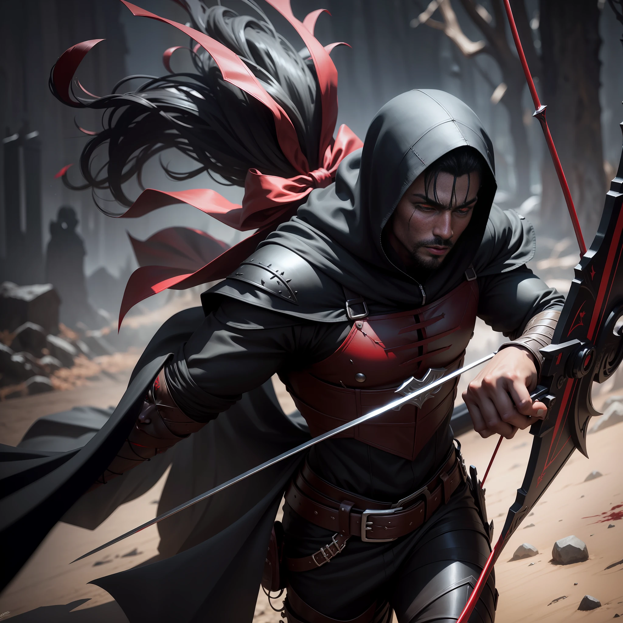 an elf, extremely handsome man, very dark skin, black, black hood, holding red bow, shiny bow, powerful bow, precise archer, blood stain, gushing blood, bruising, red eyes, aiming, techwear style, all black clothing, black leather armor, detailed, ultra-realistic, hyper-detailed, realistic photo, best quality, clear night