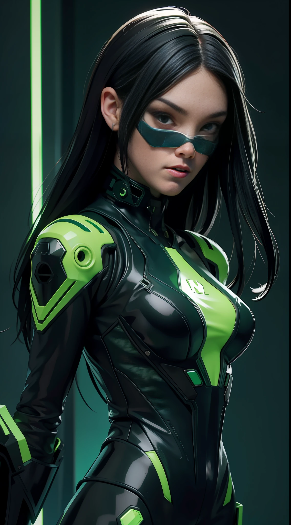 solo, super fine photo, portrait Unreal Engine 5 8K UHD of beautiful and cute girl, green and black color scheme tight cybernetic latex catsuit, cyberpunk face mask, cybernetic glove, futuristic design, dark green neon lights details, beautiful make up, luxurious, best quality, masterpiece, official art, unified 8k wallpaper, super detailed, sharp focus, dynamic pose, body parts