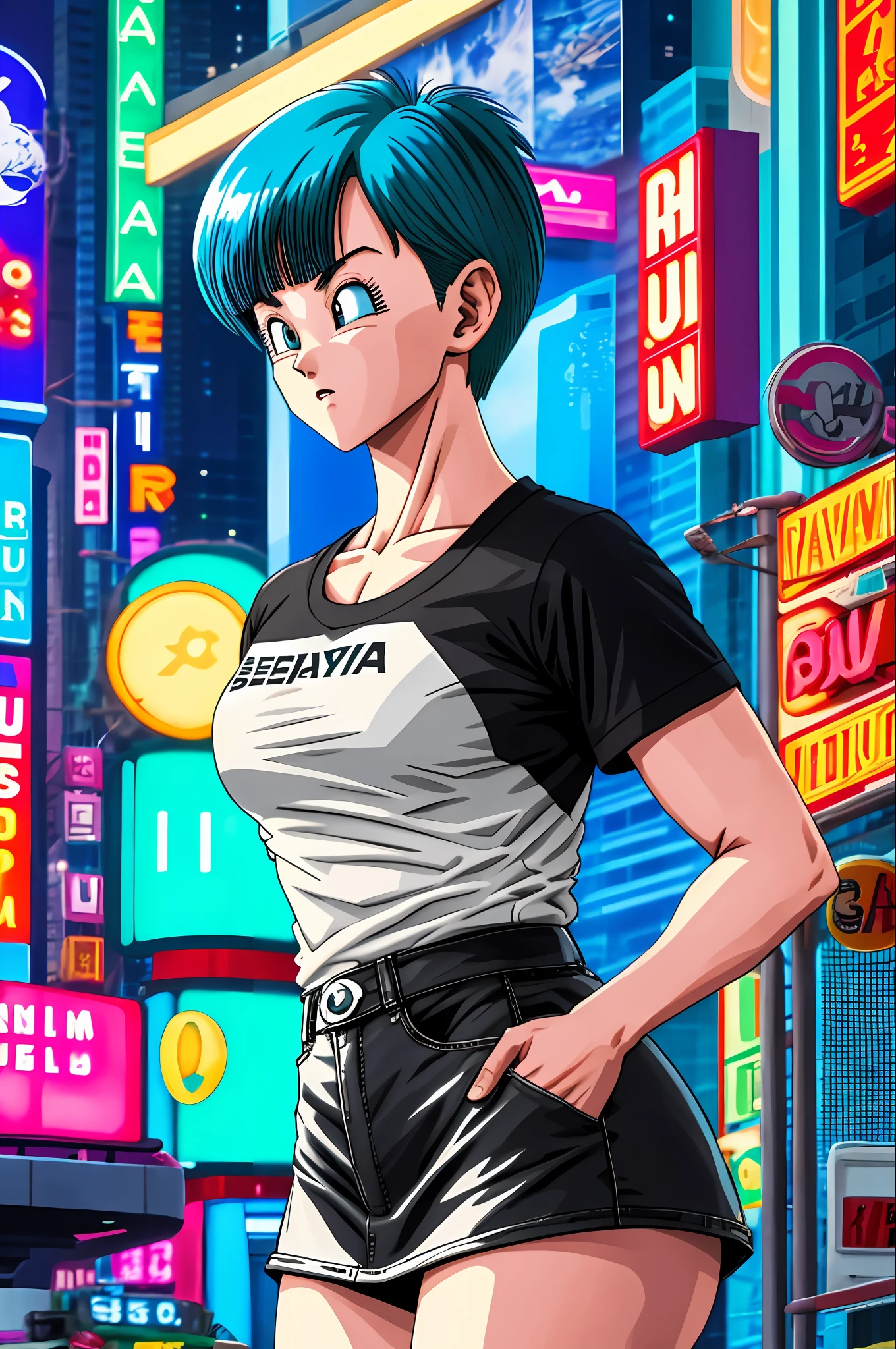 masterpiece, best quality, highres, dragon ball, blmmid, aqua hair, medium hair, blunt bangs, red hair band, medium breasts, white shirt, black skirt, cowboy shot, in a Cyberpunk city, bustling with neon signs, standing, upper body