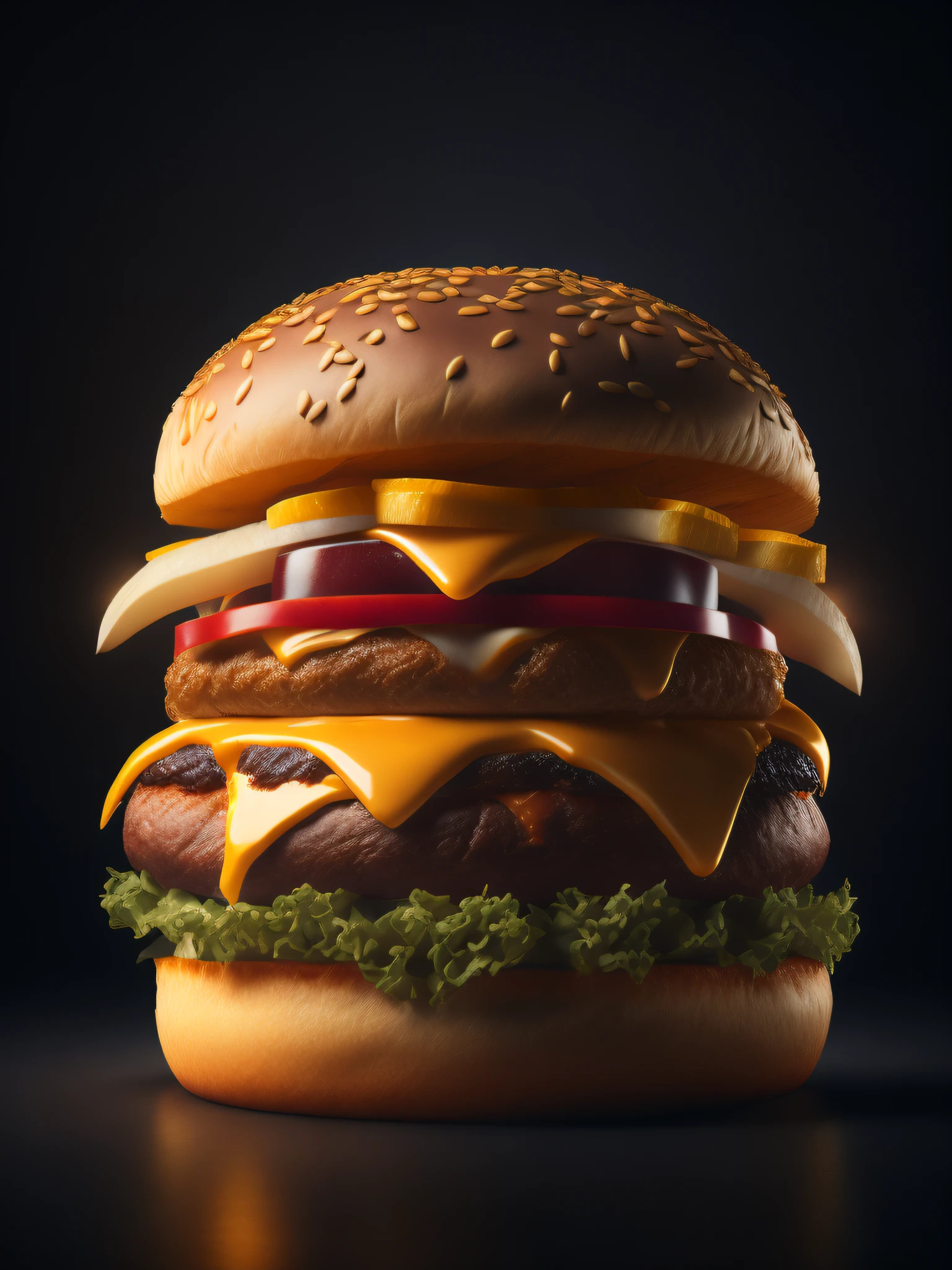 product shot of ultra realistic juicy cheeseburger against a dark background, two tone lighting,  advertisement, octane, unreal, to8contrast style