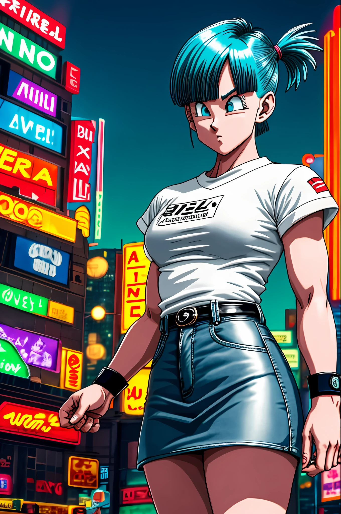 masterpiece, best quality, highres, dragon ball, blmmid, aqua hair, medium hair, blunt bangs, red hair band, medium breasts, white shirt, black skirt, cowboy shot, in a Cyberpunk city, bustling with neon signs, standing, upper body
