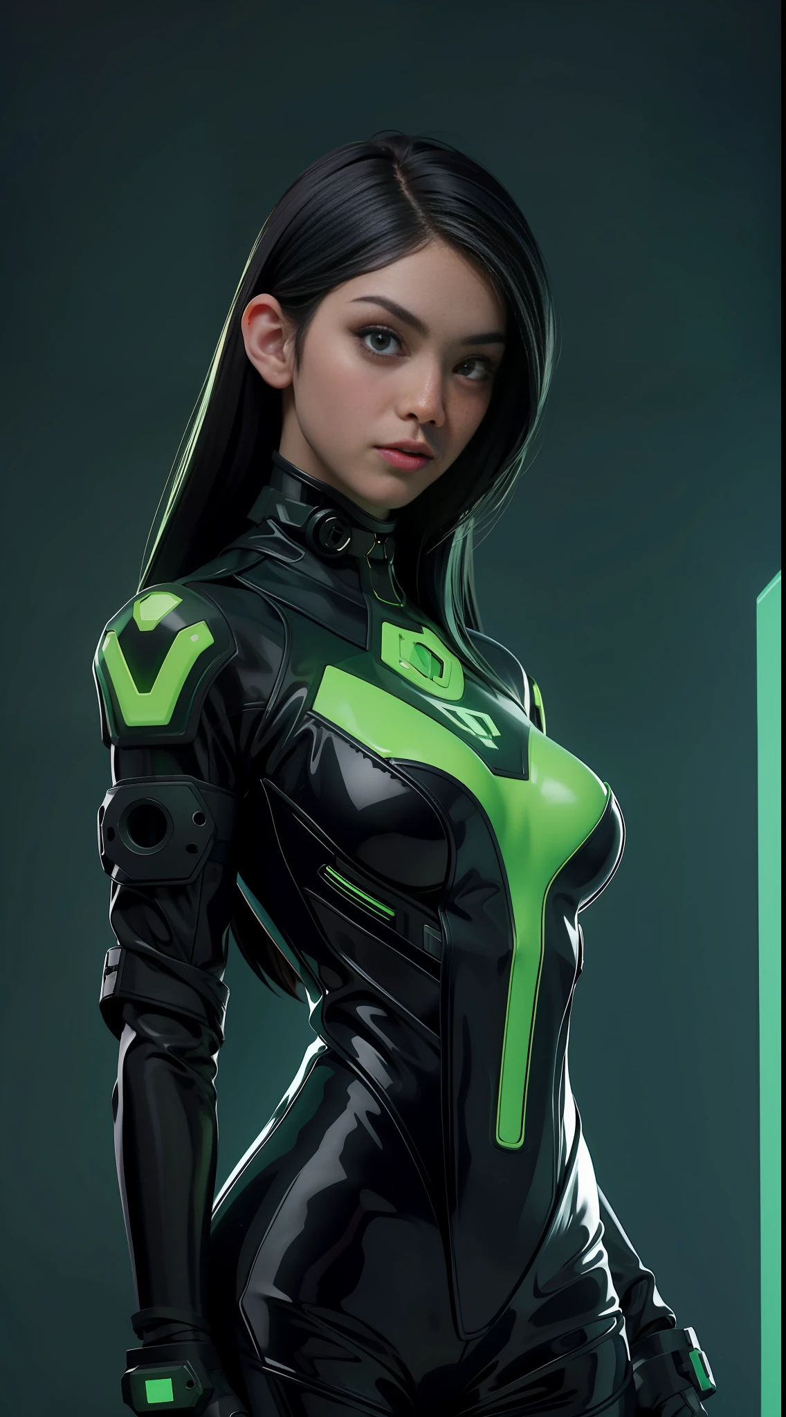 solo, super fine photo, portrait Unreal Engine 5 8K UHD of beautiful and cute girl, forest green and black color scheme tight cybernetic latex catsuit, cyberpunk face mask, cybernetic glove, futuristic design, dark green neon lights details, beautiful make up, luxurious, best quality, masterpiece, official art, unified 8k wallpaper, super detailed, sharp focus, dynamic pose, body parts