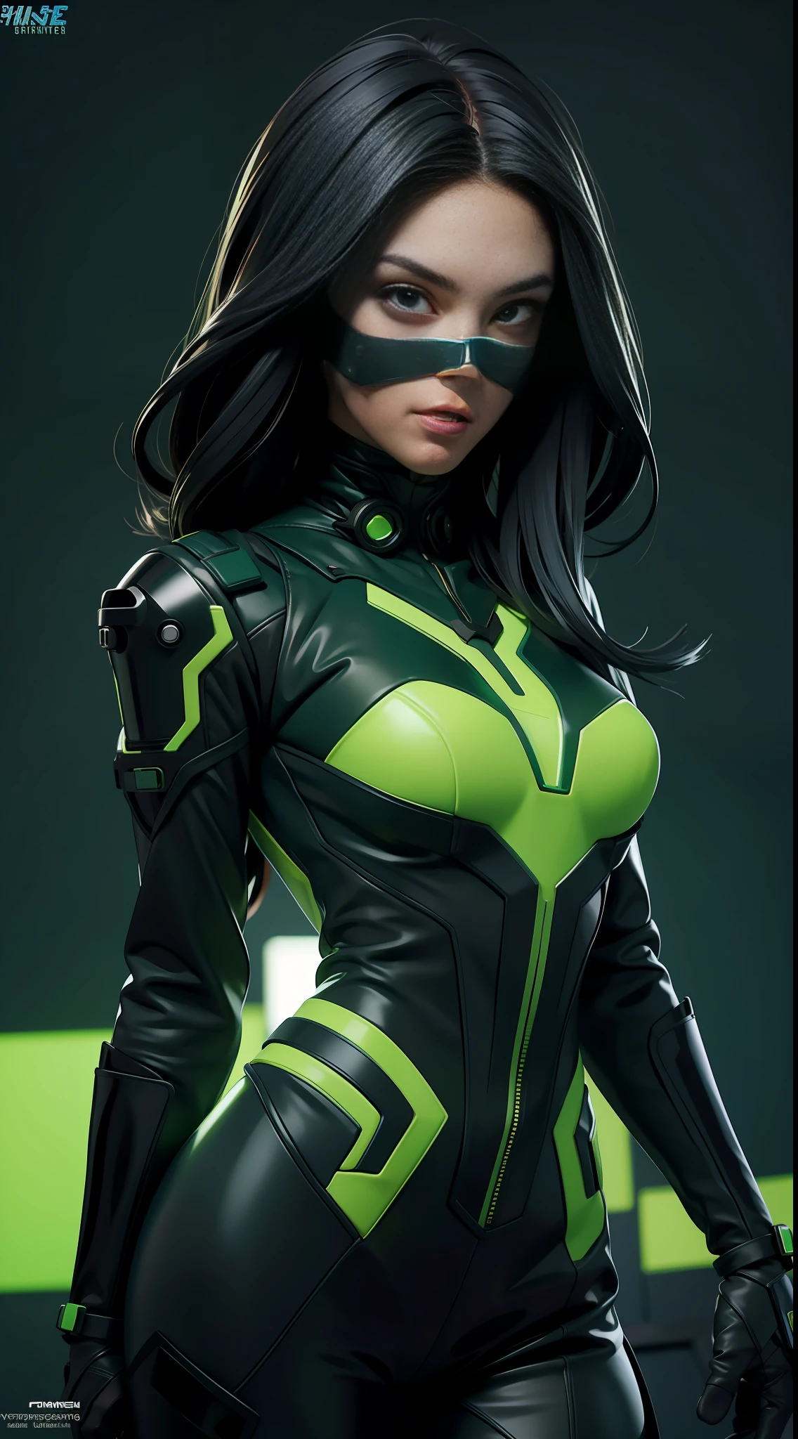 solo, super fine photo, portrait Unreal Engine 5 8K UHD of beautiful and cute girl, forest green and black color scheme tight cybernetic latex catsuit, cyberpunk face mask, cybernetic glove, futuristic design, dark green neon lights details, beautiful make up, luxurious, best quality, masterpiece, official art, unified 8k wallpaper, super detailed, sharp focus, dynamic pose, body parts