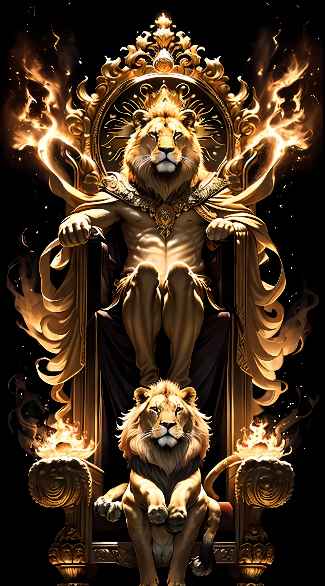 An royale King Lion full boby, background galaxy, magic 3D, full resolution style RTX with flaming eyes sitting on a throne, captured through Photography with a 35mm lens. Inspired by the artistry of National Geographic photographers, the scene portrays the majestic lion, regal and powerful. The color temperature is warm, with golden hues highlighting the lion's magnificence. The lion's eyes burn with intense flames, emanating a sense of authority and dominance. The lighting casts dramatic shadows, creating a captivating atmosphere, symmetrical, full boby, big angle, rtx, bobybuilder