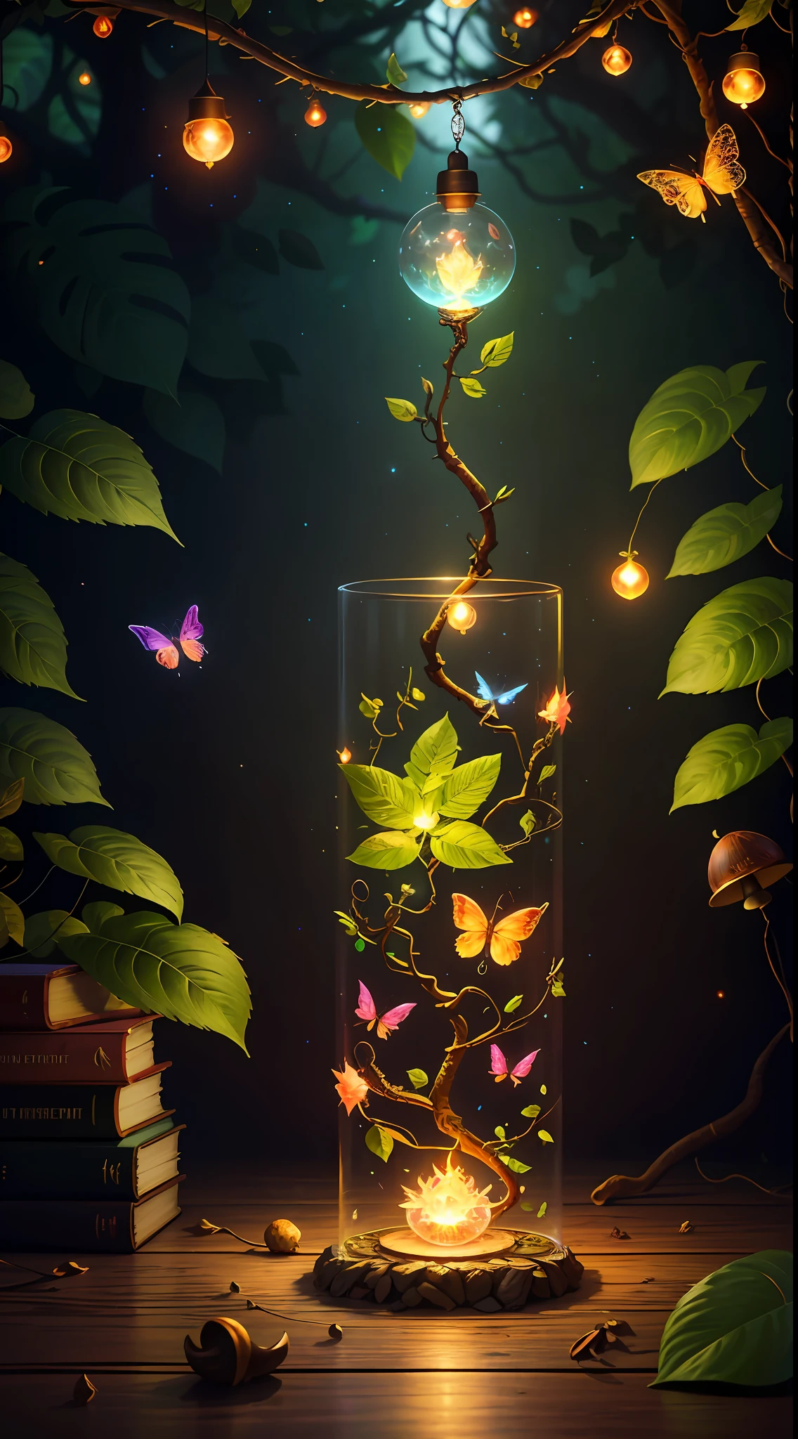 Fantasy in a glass, "ethereal roses, cute animals, glowing little mushrooms surrounded by delicate leaves and branches, and fireflies and glowing particle effects", (natural elements), (jungle theme), (leaves), (branches), (fireflies), butterflies, (delicate leaves), (glow), (particle effects), super realistic, super detailed, dramatic lightning, 4k, masterpiece,