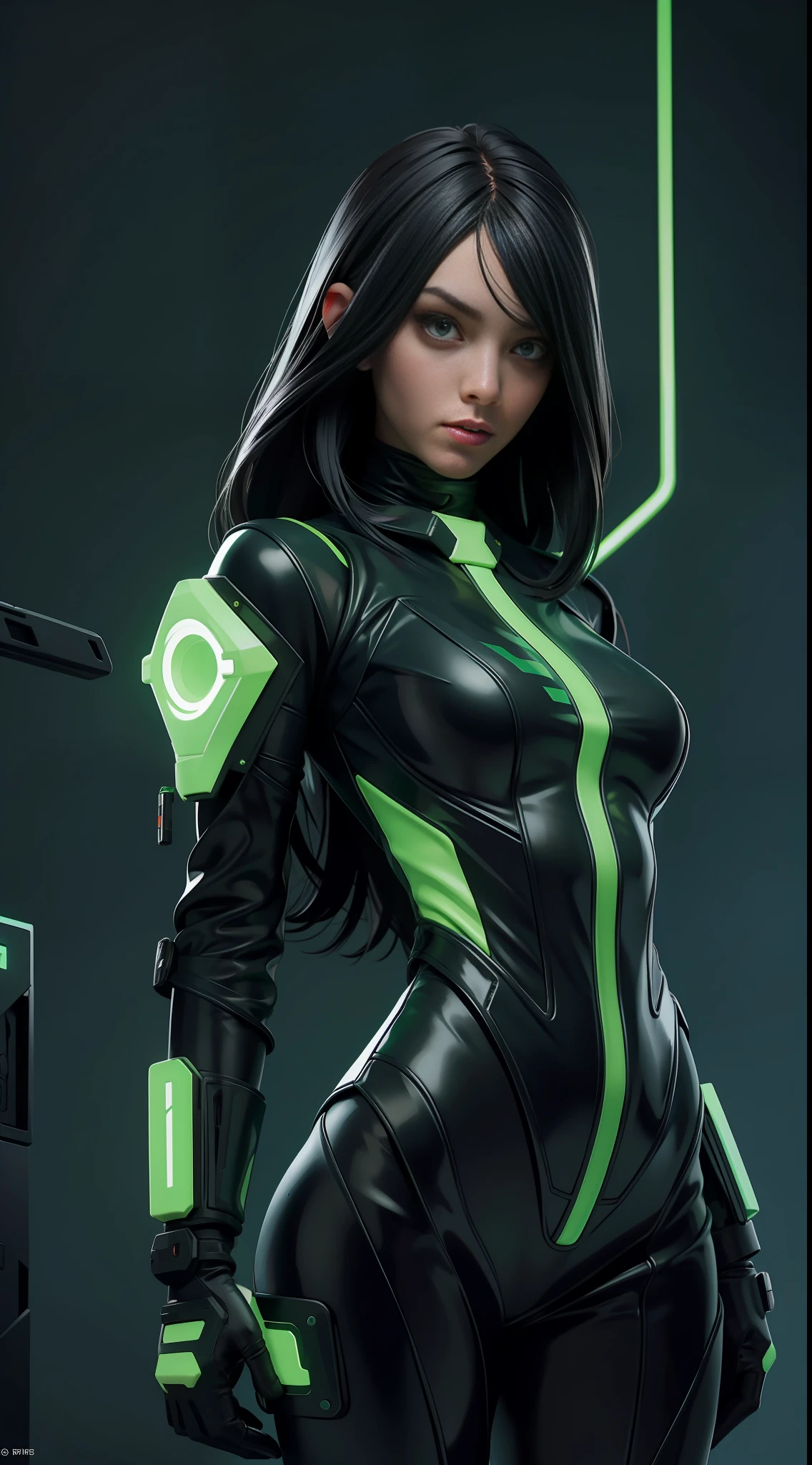 solo, super fine photo, portrait Unreal Engine 5 8K UHD of beautiful and cute girl, forest green and black color scheme tight cybernetic latex catsuit, cyberpunk face mask, cybernetic glove, futuristic design, dark green neon lights details, beautiful make up, luxurious, best quality, masterpiece, official art, unified 8k wallpaper, super detailed, sharp focus, dynamic pose, body parts
