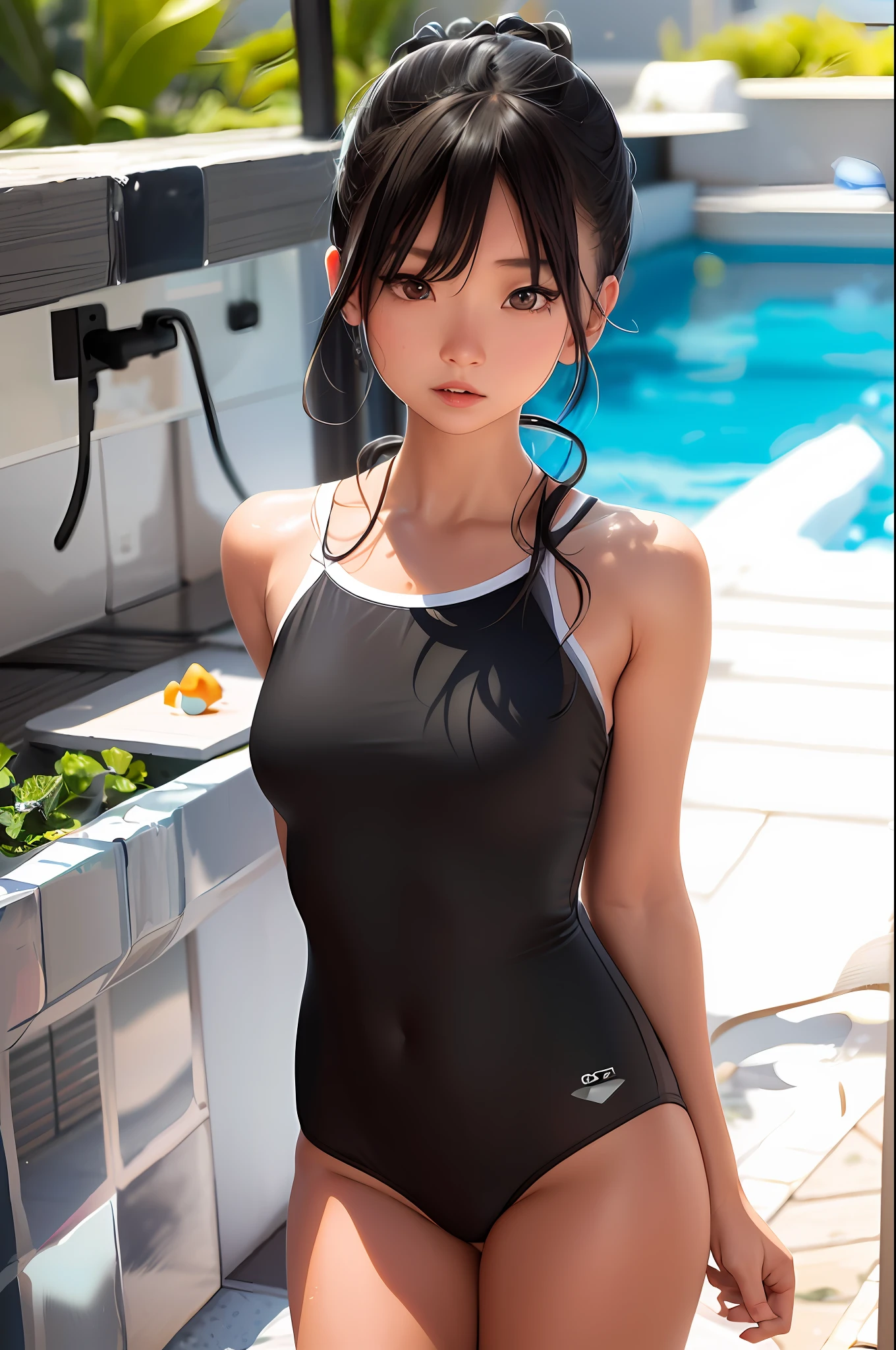 there is a woman in a black swimsuit standing by a pool, cute girl wearing tank suit, is wearing a swimsuit, wet swimsuit, swimsuit, wearing leotard, realistic young gravure idol, guweiz, black swimsuit, bathing suit, beautiful alluring anime , anime girl in real life, attractive anime girl, seductive anime girl
