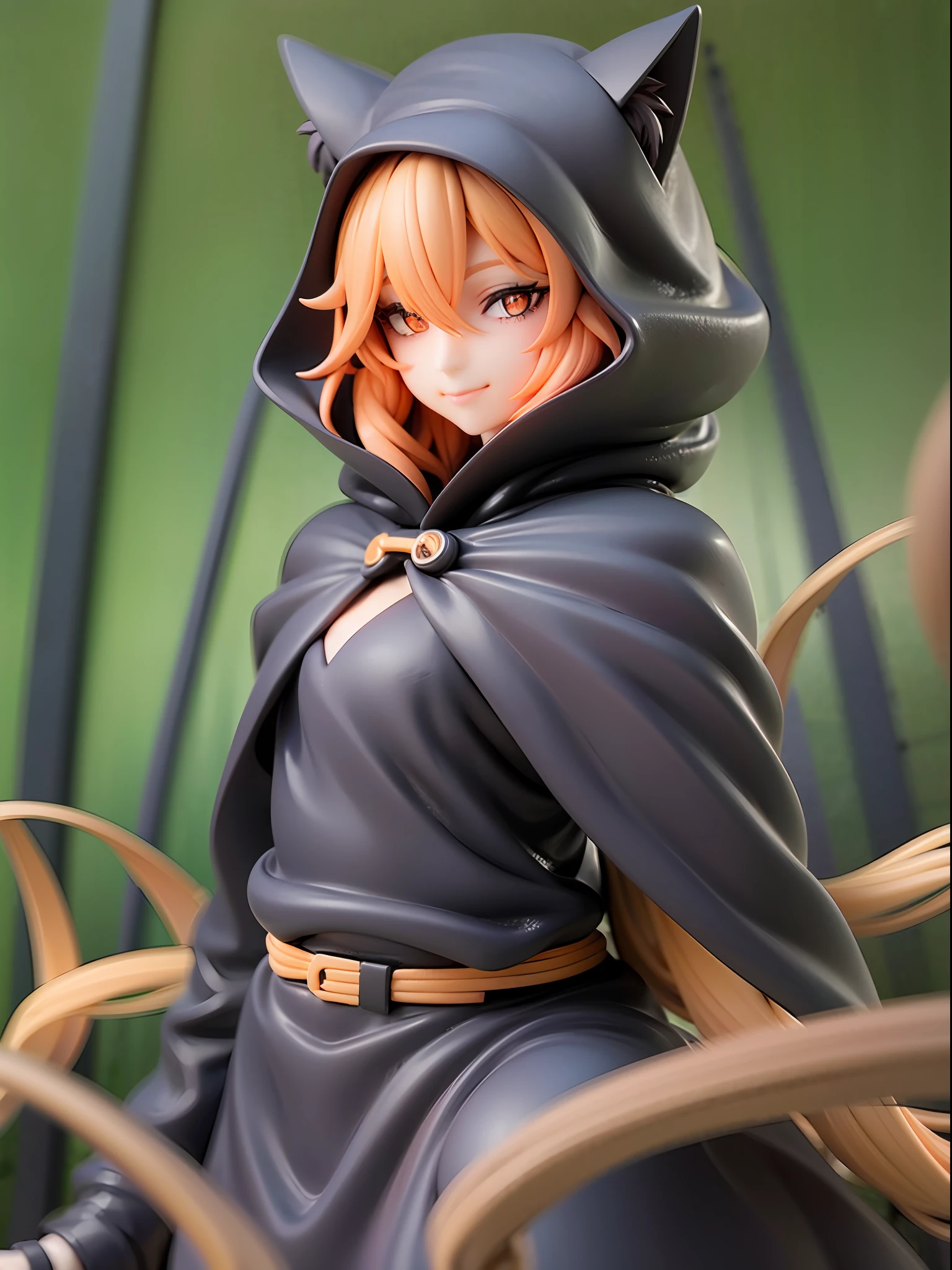 Black, orange, mysterious, cat ears, beautiful orange eyes, closed mouth, smile, large cat ears silhouette hooded cloak, black and orange details, grey hair, long hair, standing pose with hands in cloak, night forest background,