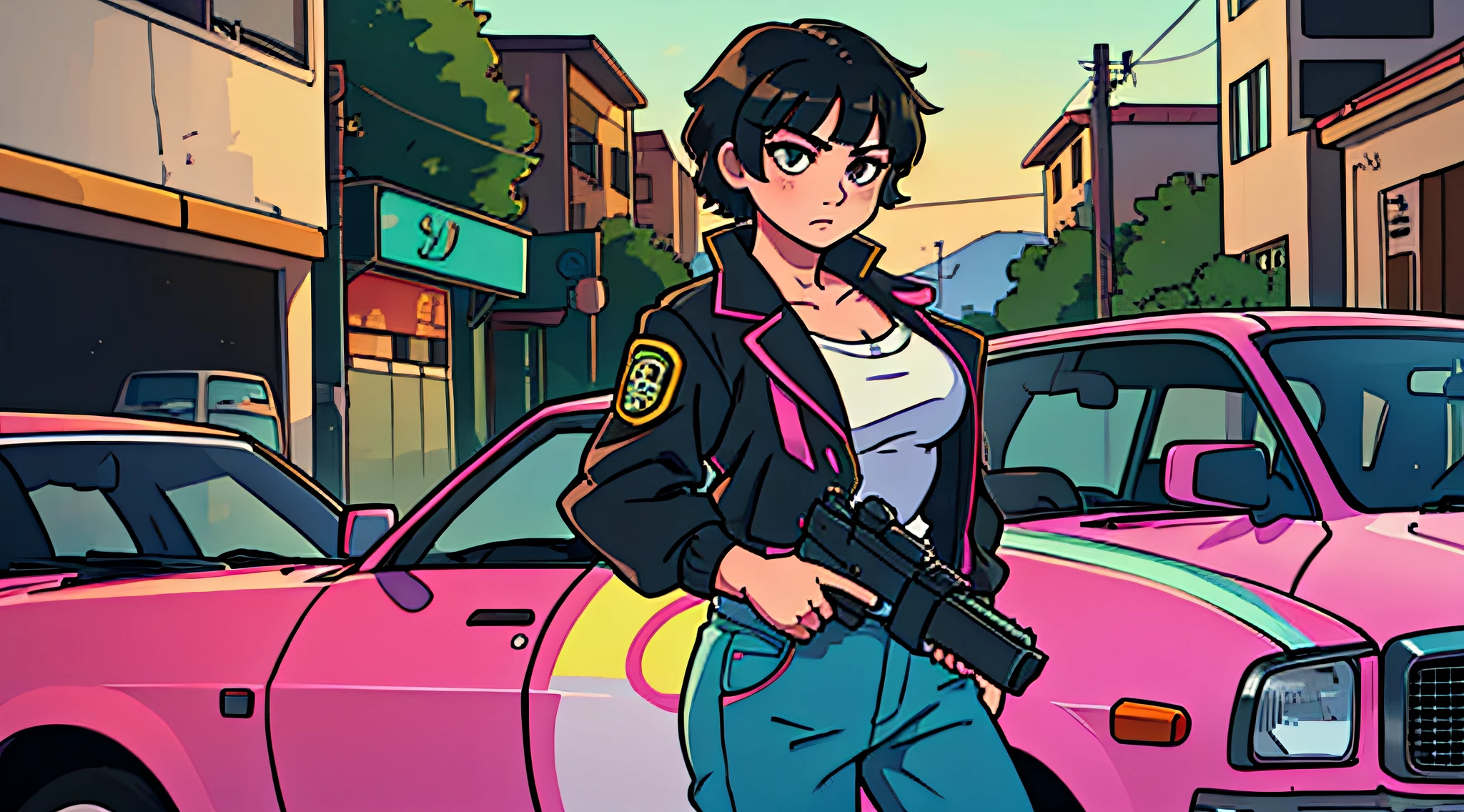 Art style GTA San Andreas, anime girl, holding a gun, black eyes, short hair, 80s clothes, with serious face, near a luxury car. --auto --s2