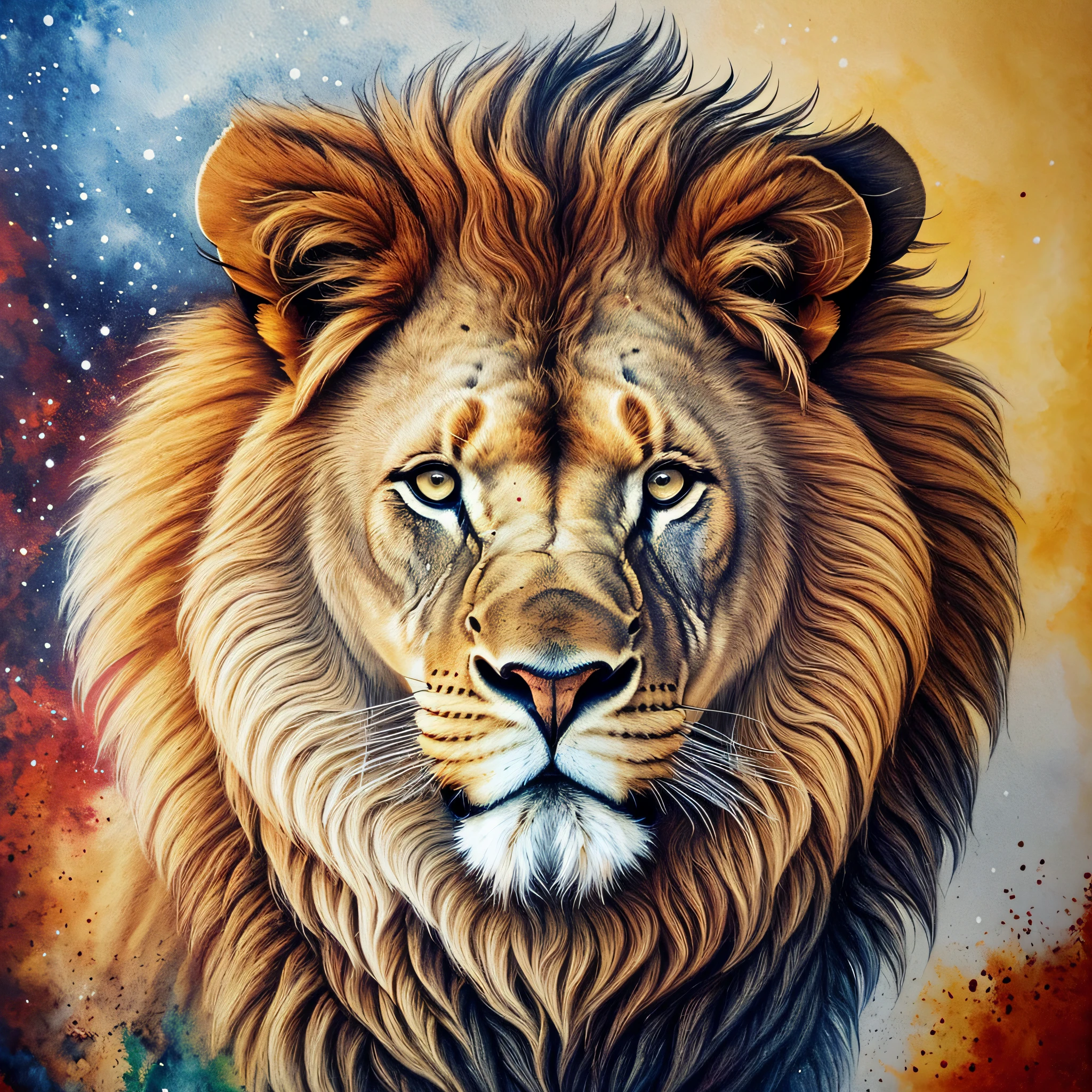 A lion in all its grandeur, with its majestic and powerful body prominent. The image is created through a mixture of fading paints, where colors blend subtly, creating a sense of movement and dynamism. The lion's imposing presence is intensified by the richness of detail and the piercing expression in its eyes. --auto --s2
