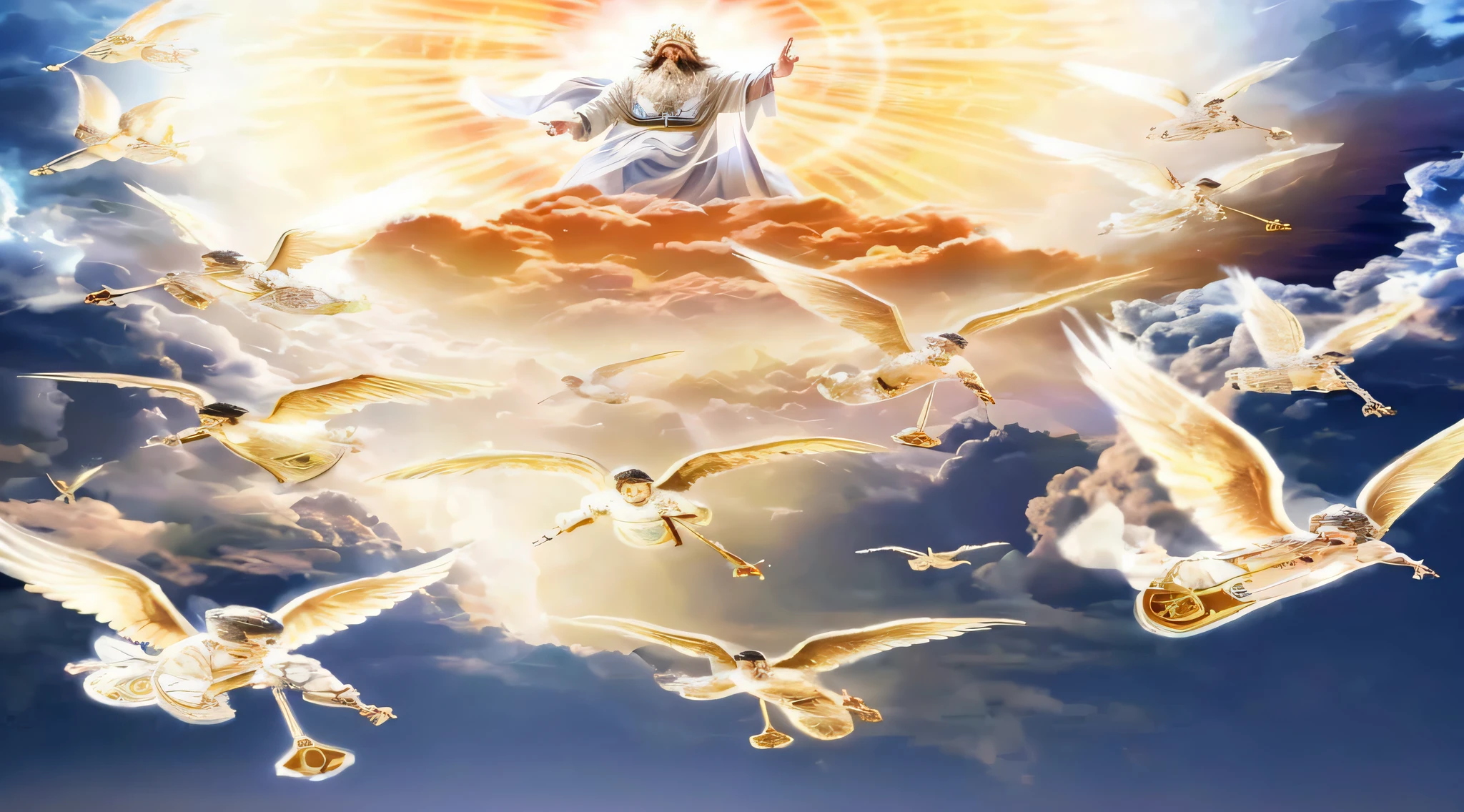 (extremely detailed CG unity 8k wallpaper, masterpiece, best quality, ultra-detailed), best illumination, best shadow, an extremely delicate and beautiful, floating,
[(1 figure), white robe, crown of thorns, savior, (beard), (blue eyes), (divine light), hands outstretched, (nail wounds on hands), dramatic angle],
(stained glass window, holy cross, church), (vastness), (sacred atmosphere).