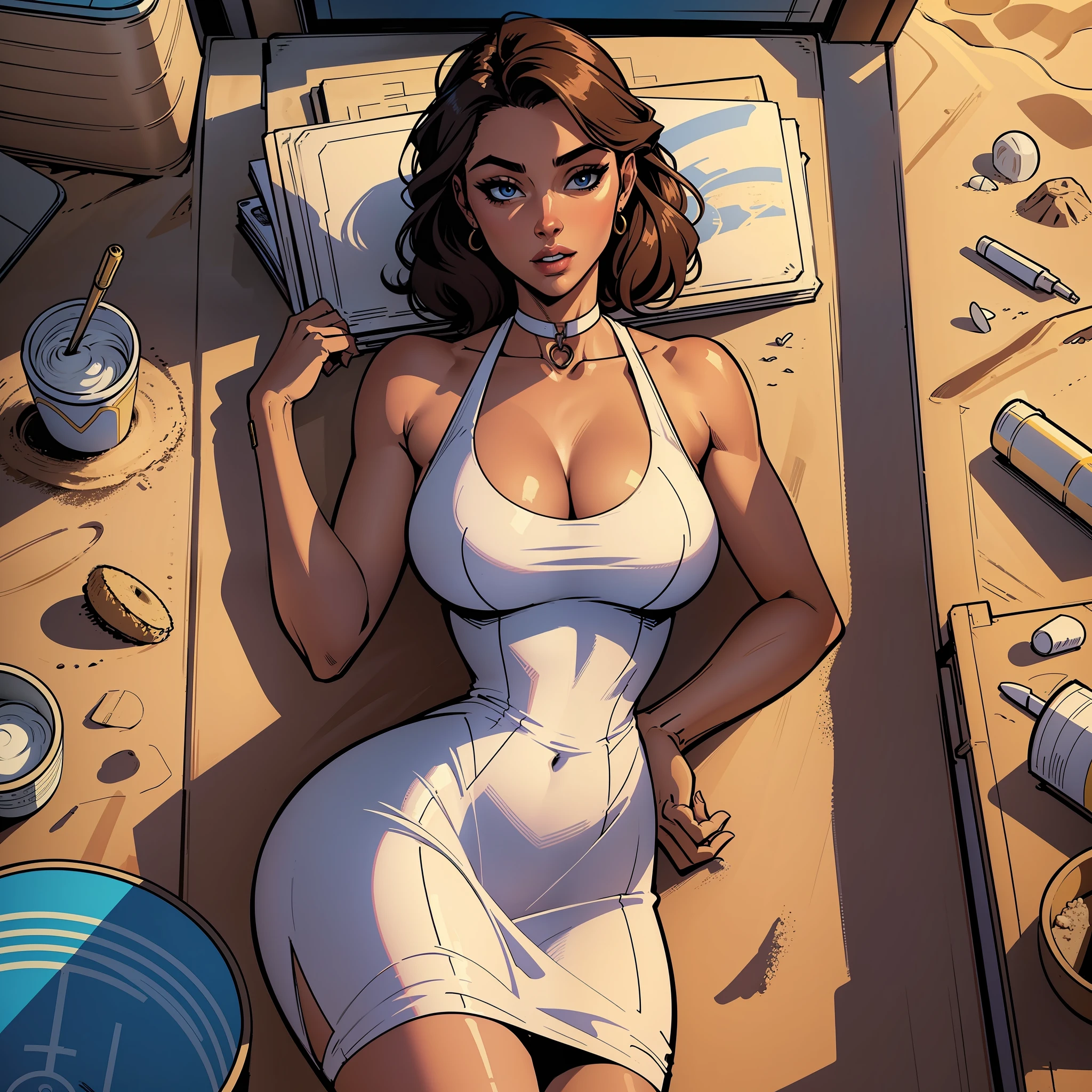 neckline, btpt-fc, neckline, bodycon dress, facing_viewer, from_above, supermodel, masterpiece, sand, beach, comic book style, style, illustration, lineart