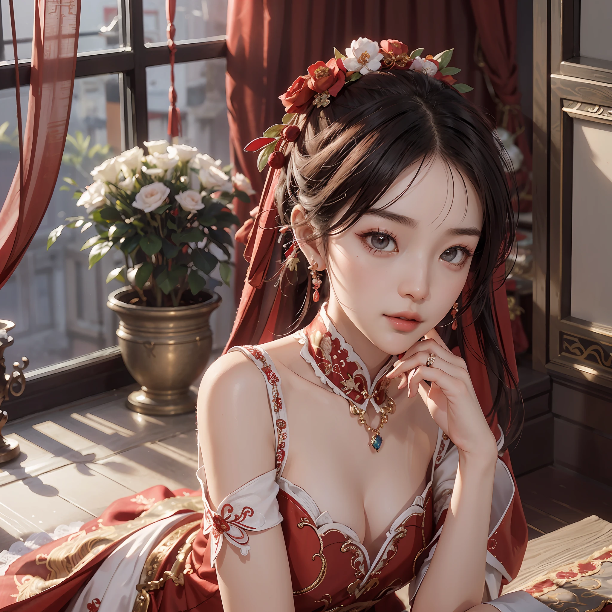 (a Chinese bride, wearing a gorgeous Chinese wedding dress), (shy, tender, beautiful face, fair skin, bright eyes, elegant eyebrows, happiness and expectation, rosy lip color, soft face), (red clothing: 1.4), (wearing exquisite jewelry, rings, necklaces)), (exquisite materials, embroidery, beads, lace, slim tailoring, lace decoration), purity, romance, (body curves), pleated decoration, (cinematic quality), (Best quality: 1.2), (Realism: 1.4), (Indoor), Photoquality, ((Octane rendering)), Close-up, Photographic lighting, (Red theme: 1.5),