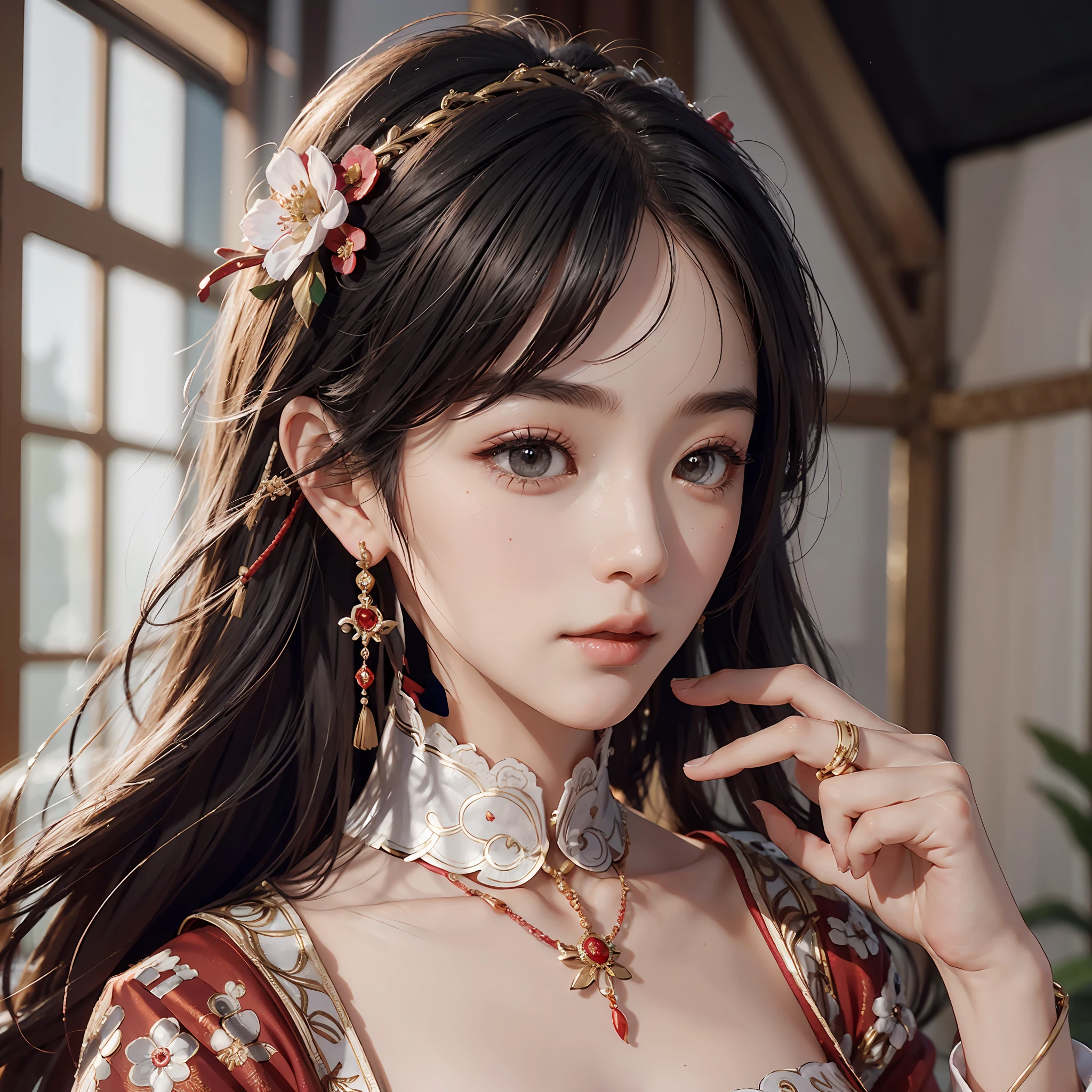 (a Chinese bride, wearing a gorgeous Chinese wedding dress), (shy, tender, beautiful face, fair skin, bright eyes, elegant eyebrows, happiness and expectation, rosy lip color, soft face), (red clothing: 1.4), (wearing exquisite jewelry, rings, necklaces)), (exquisite materials, embroidery, beads, lace, slim tailoring, lace decoration), purity, romance, (body curves), pleated decoration, (cinematic quality), (Best quality: 1.2), (Realism: 1.4), (Indoor), Photoquality, ((Octane rendering)), close-up, photographic lighting