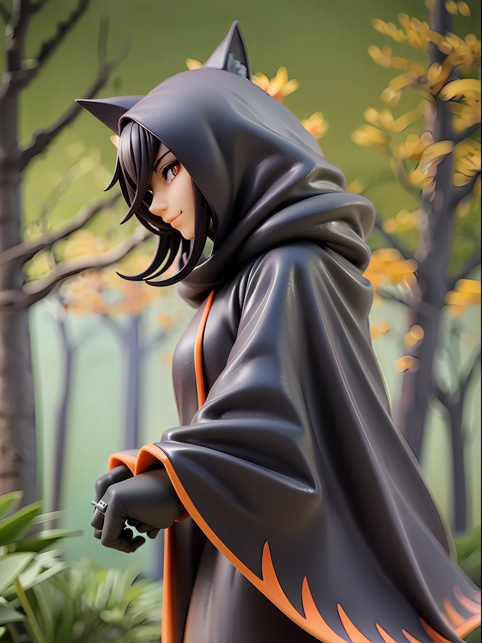 Black, orange, mysterious, cat ears, beautiful orange eyes, closed mouth, smile, large cat ears silhouette hooded cloak, black and orange details, grey hair, long hair, standing pose with hands in cloak, night forest background,