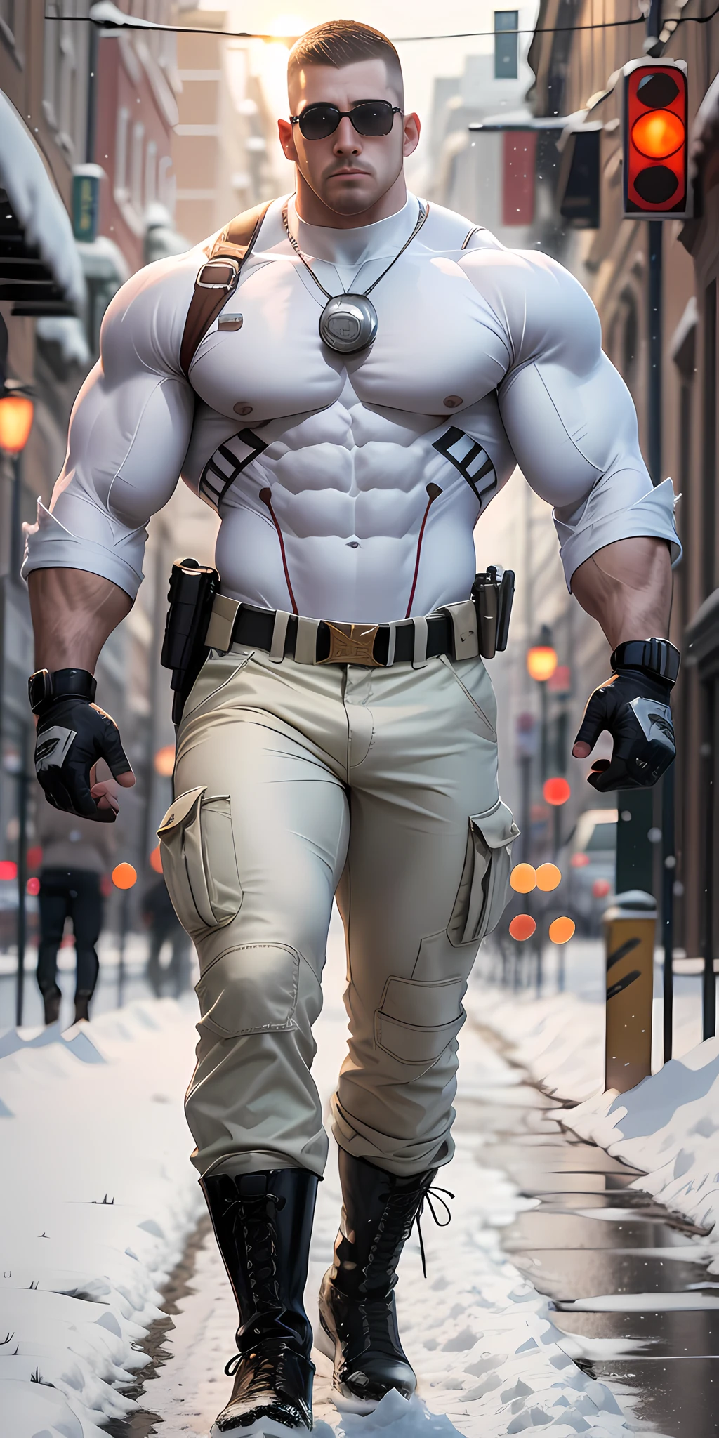 Movie poster, full body, muscle male soldier, Buzz cut, American round head, wearing a milky white combat uniform, standing alone on the snowy street, sad expression, wearing sunglasses, muscle male hero, heroic male pose, tall and burly, muscular! Sexy and charming developed leg muscles, tall and burly, creamy white combat suit, super buff and cool, high-resolution committee, mie cream white combat boots, attractive strong men, rising sun shining on the body