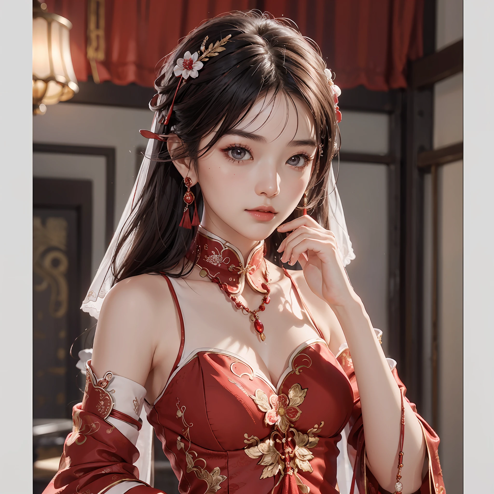 (a Chinese bride, wearing a gorgeous Chinese wedding dress), (shy, tender, beautiful face, fair skin, bright eyes, elegant eyebrows, happiness and expectation, rosy lip color, soft face), (red clothing: 1.4), (wearing exquisite jewelry, rings, necklaces)), (exquisite materials, embroidery, beads, lace, slim tailoring, lace decoration), purity, romance, (body curves), pleated decoration, (cinematic quality), (Best quality: 1.2), (Realism: 1.4), (Indoor), Photoquality, ((Octane rendering)), Close-up, Photographic lighting, (Red theme: 1.5),