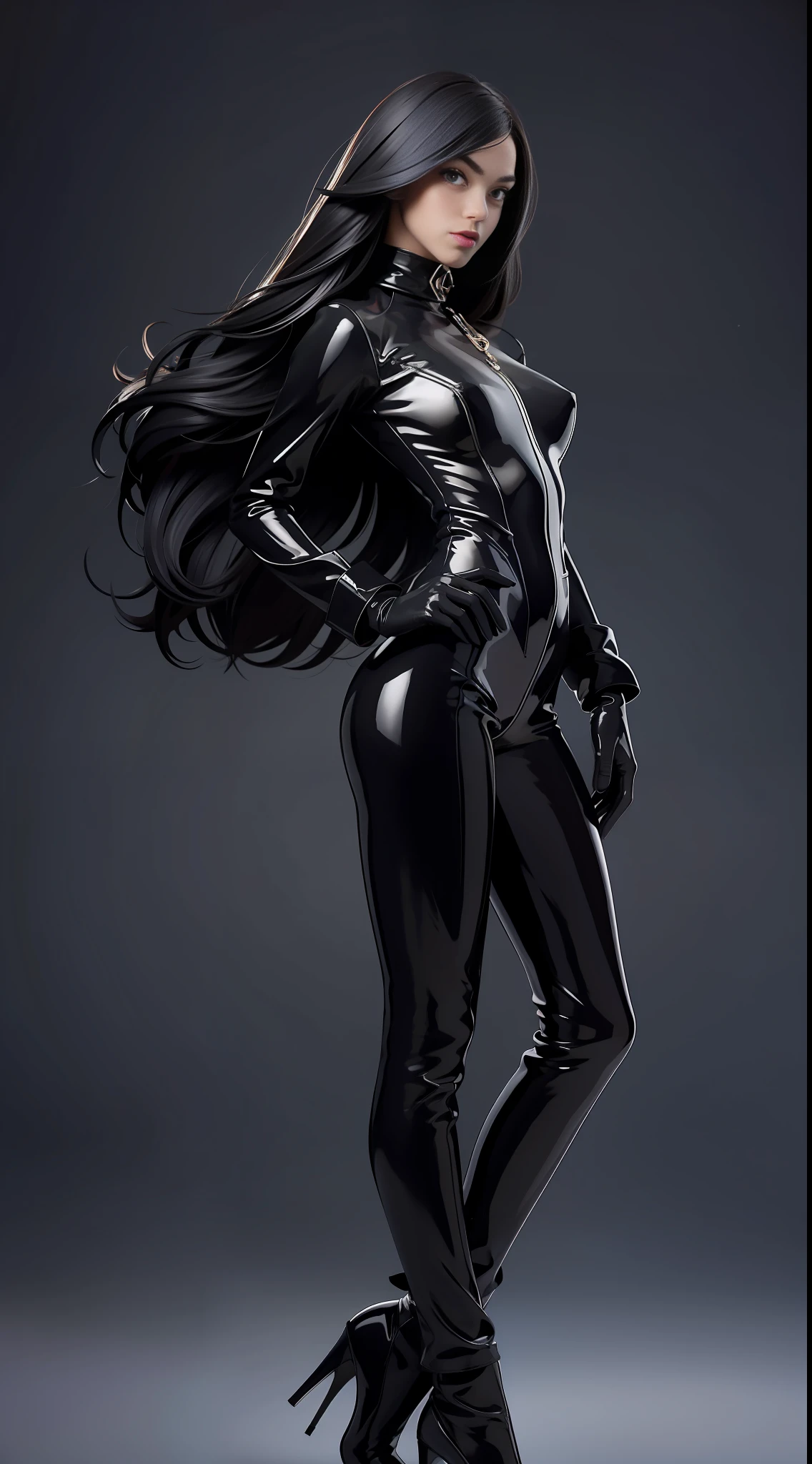 solo, super fine photo, portrait Unreal Engine 5 8K UHD of beautiful and cute girl, black color scheme tight latex catsuit, latex fetish glove, latex fetish high heels, fetish collar, fetish arm and left cuffs, fetish harness, beautiful make up, luxurious, best quality, masterpiece, official art, unified 8k wallpaper, super detailed, sharp focus, dynamic pose, body parts