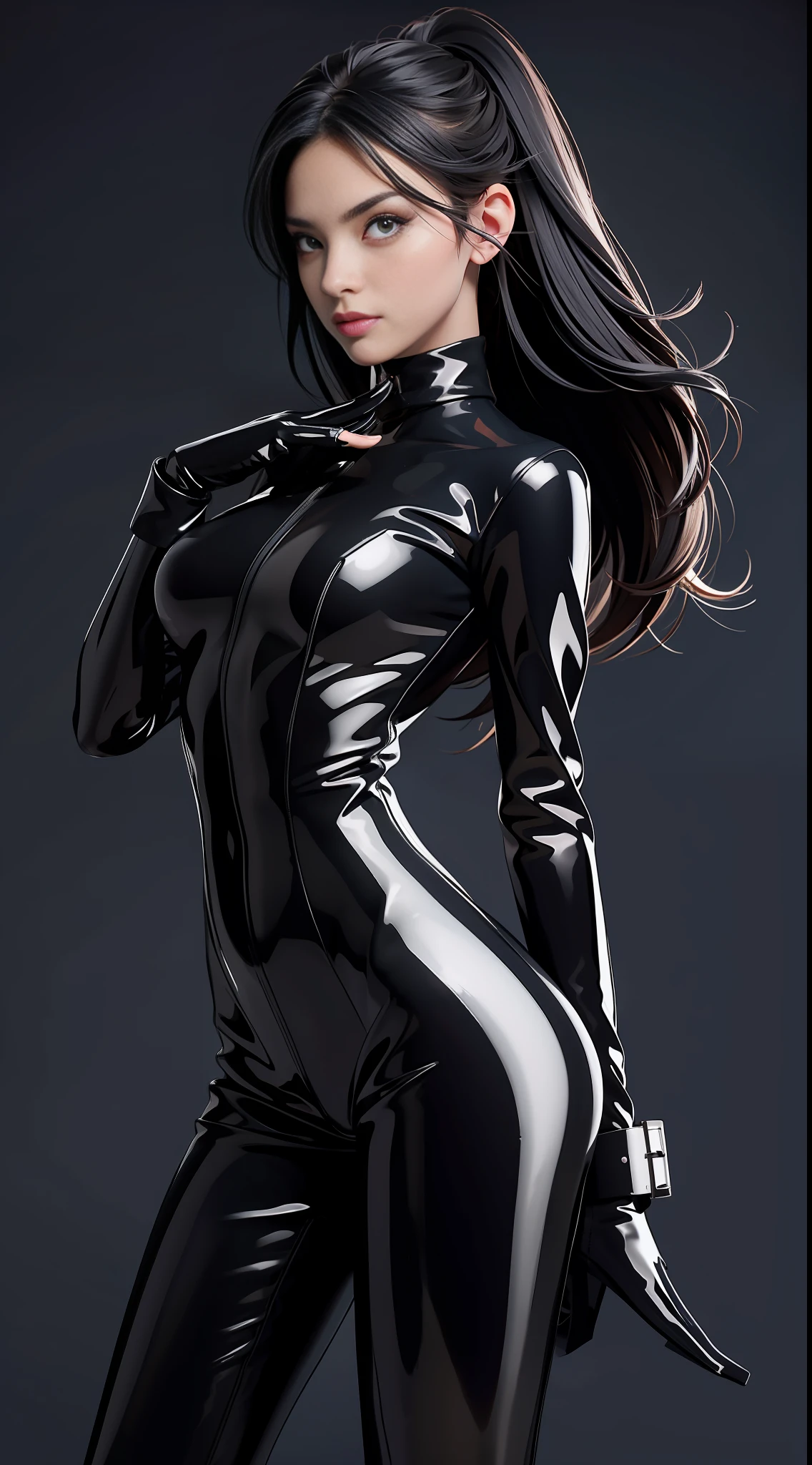 solo, super fine photo, portrait Unreal Engine 5 8K UHD of beautiful and cute girl, black color scheme tight latex catsuit, latex fetish glove, latex fetish high heels, fetish collar, fetish arm and left cuffs, fetish harness, beautiful make up, luxurious, best quality, masterpiece, official art, unified 8k wallpaper, super detailed, sharp focus, dynamic pose, body parts