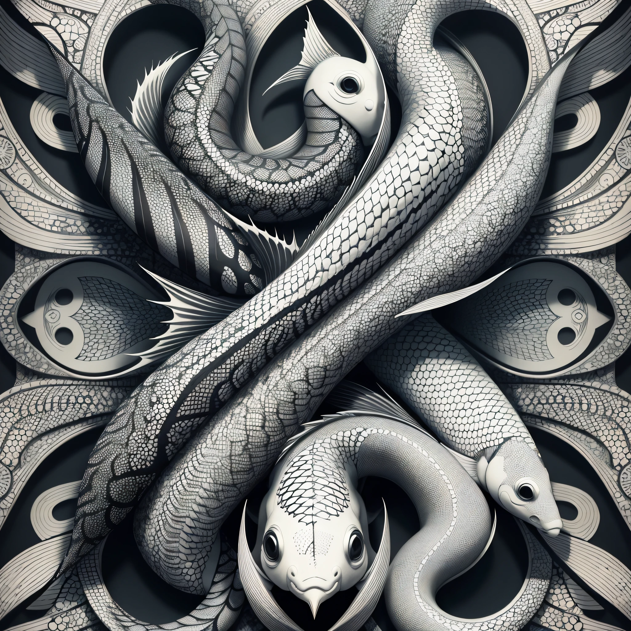 Carp pattern, black and white texture, black pen outline, seamless sticking --auto --s2