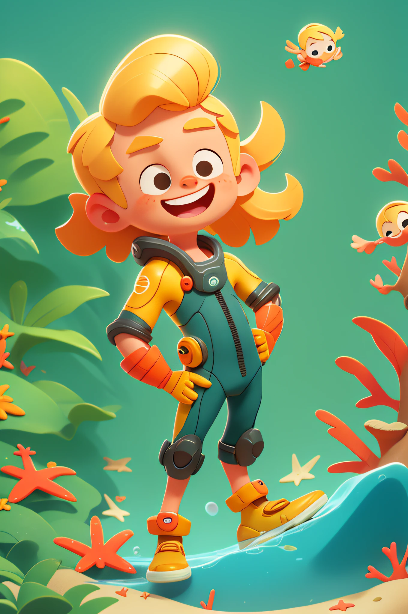 A beautiful happy boy, portrait, blonde hair, very short hair, wearing a diver's suit with breathing helmet, background space with beach and corals, toon, pixar style, 3d, cartoon, detailed face, asymmetrical