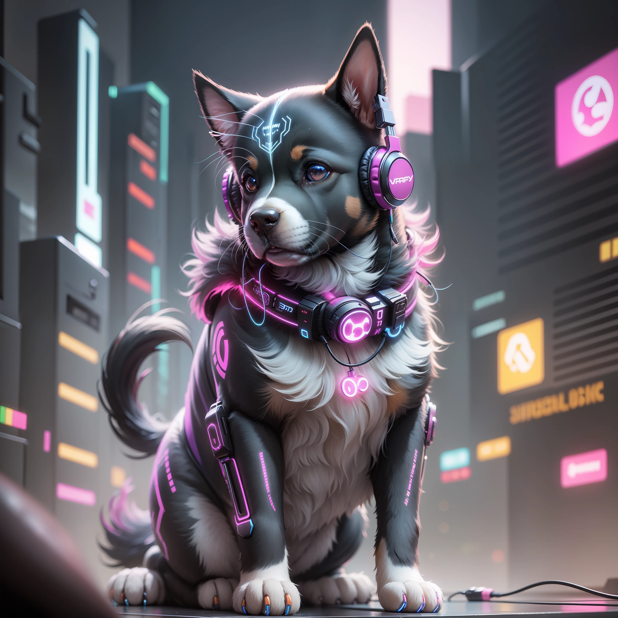 A puppy, headphone, vivid colors, intricate details, cybercyber cyberpunk